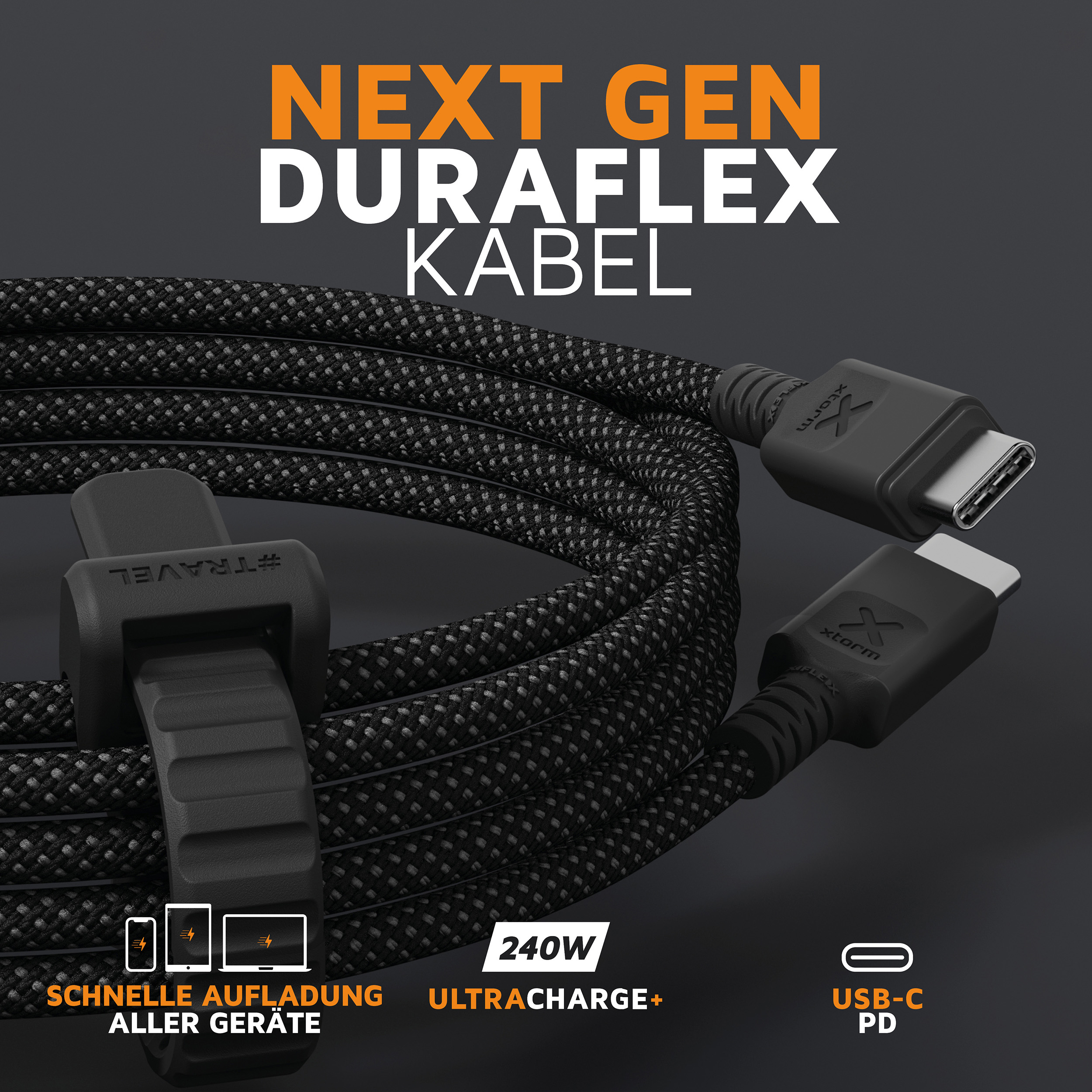 Un cavo USB-C nero con un'etichetta che dice: NEXT GEN DURAFLEX KABEL.