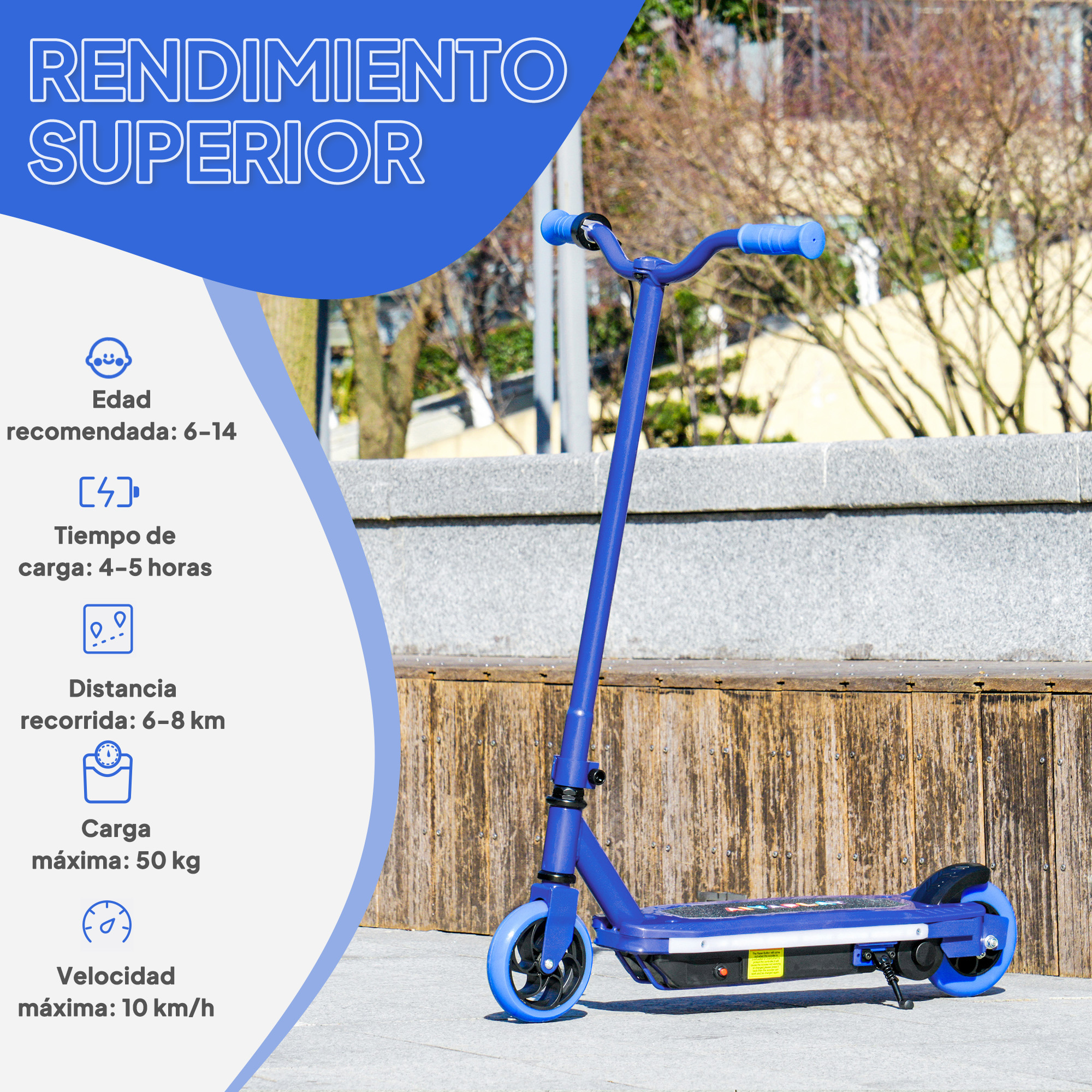 Un patinete azul con un jinete, con texto sobre la edad recomendada.