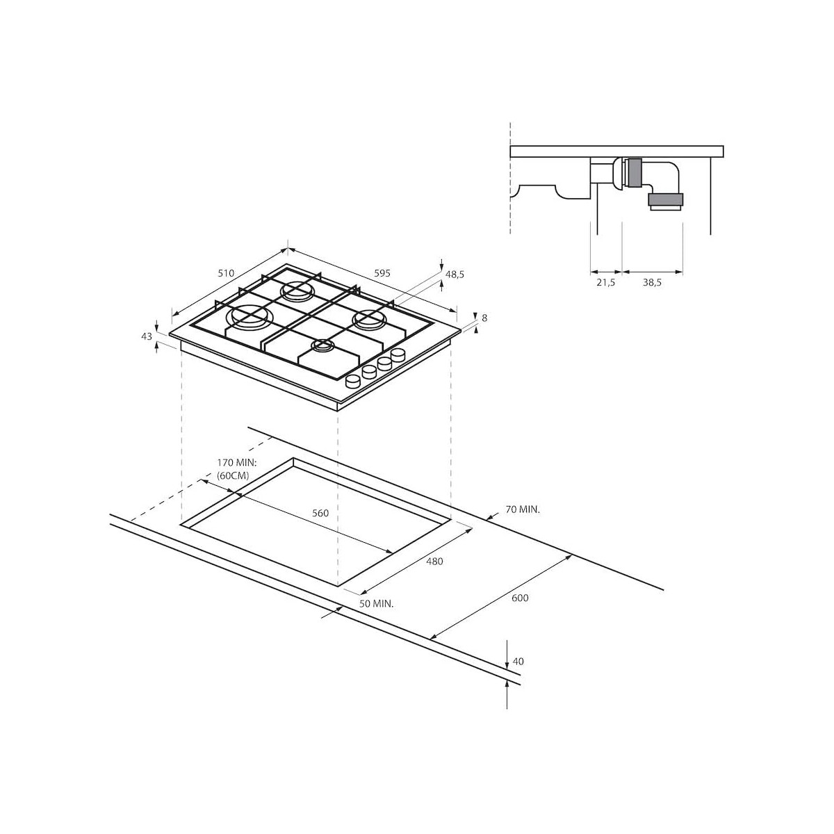 Schemat płyty grzejnej z wymiarami. Pokazuje palniki i pokrętła. Tło jest białe.