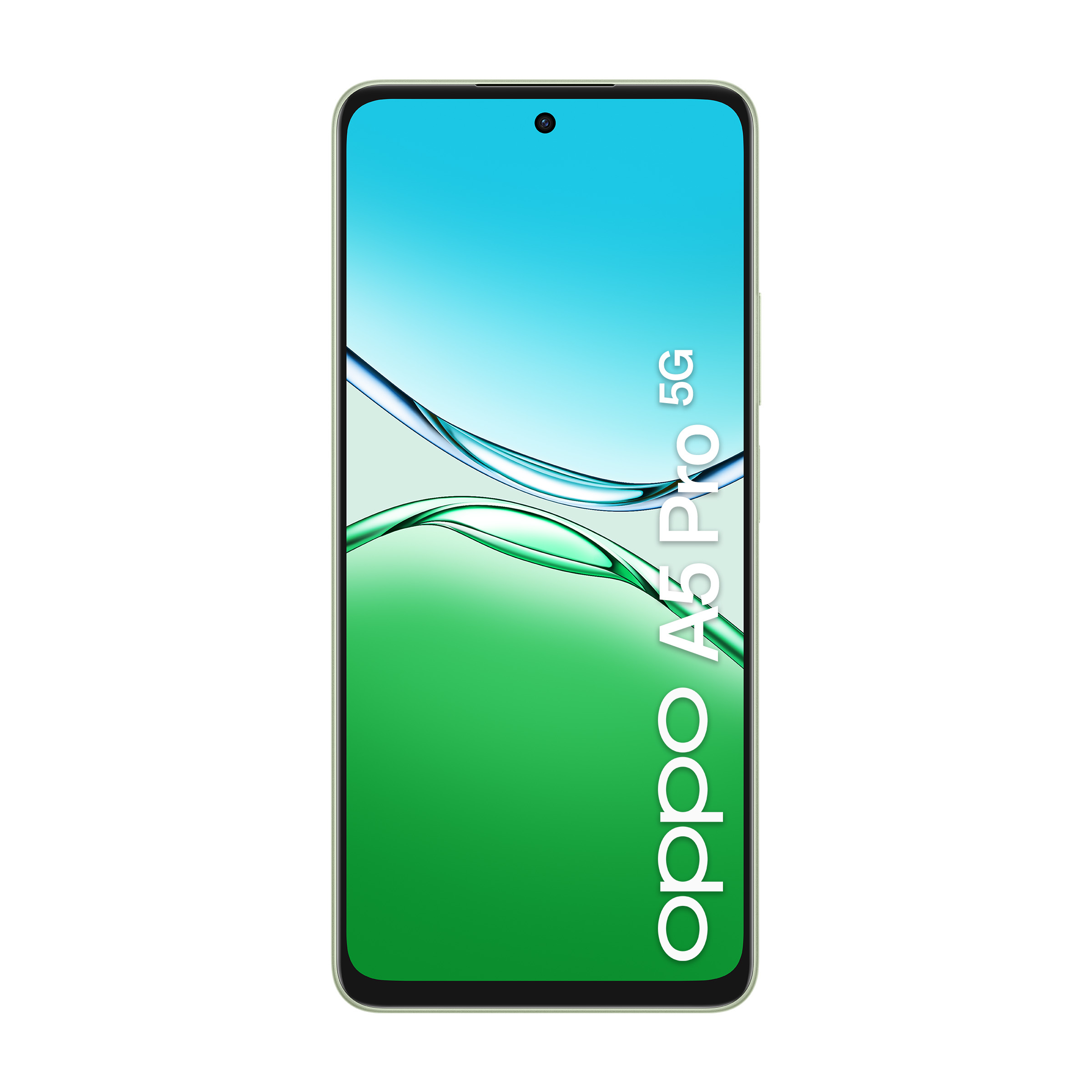 Telefon Oppo A5 Pro 5G z włączonym ekranem. Niebieska i biała grafika. Izolowany na białym tle.