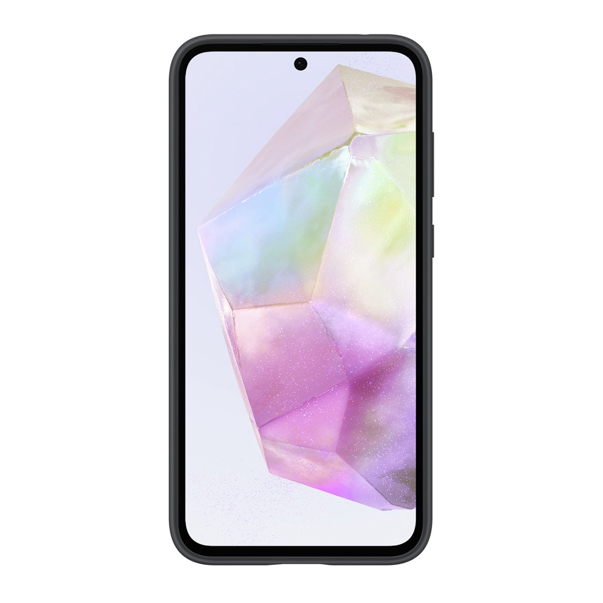Czarne etui na telefon z kolorowym kryształowym obrazem na ekranie, na białym tle.