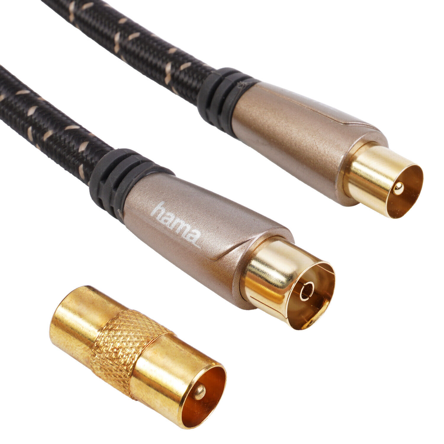Zwei Koaxialkabel mit Steckern, beschriftet mit 'hama'. Ein separater Stecker. Schwarze und braune Kabel.