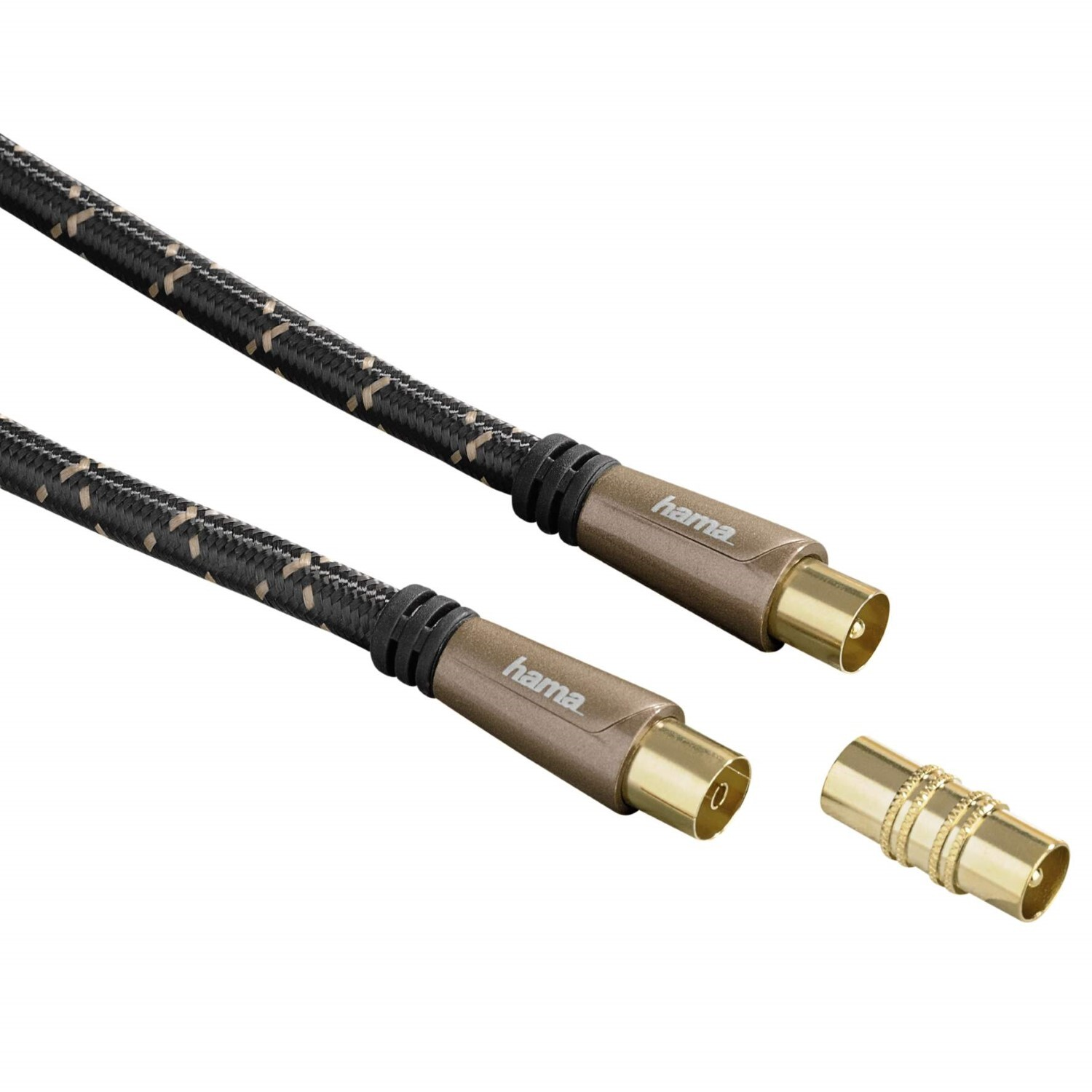 Zwei Koaxialkabel mit Steckern, beschriftet mit 'hama'. Ein Stecker ist separat. Schwarze und braune Kabel.