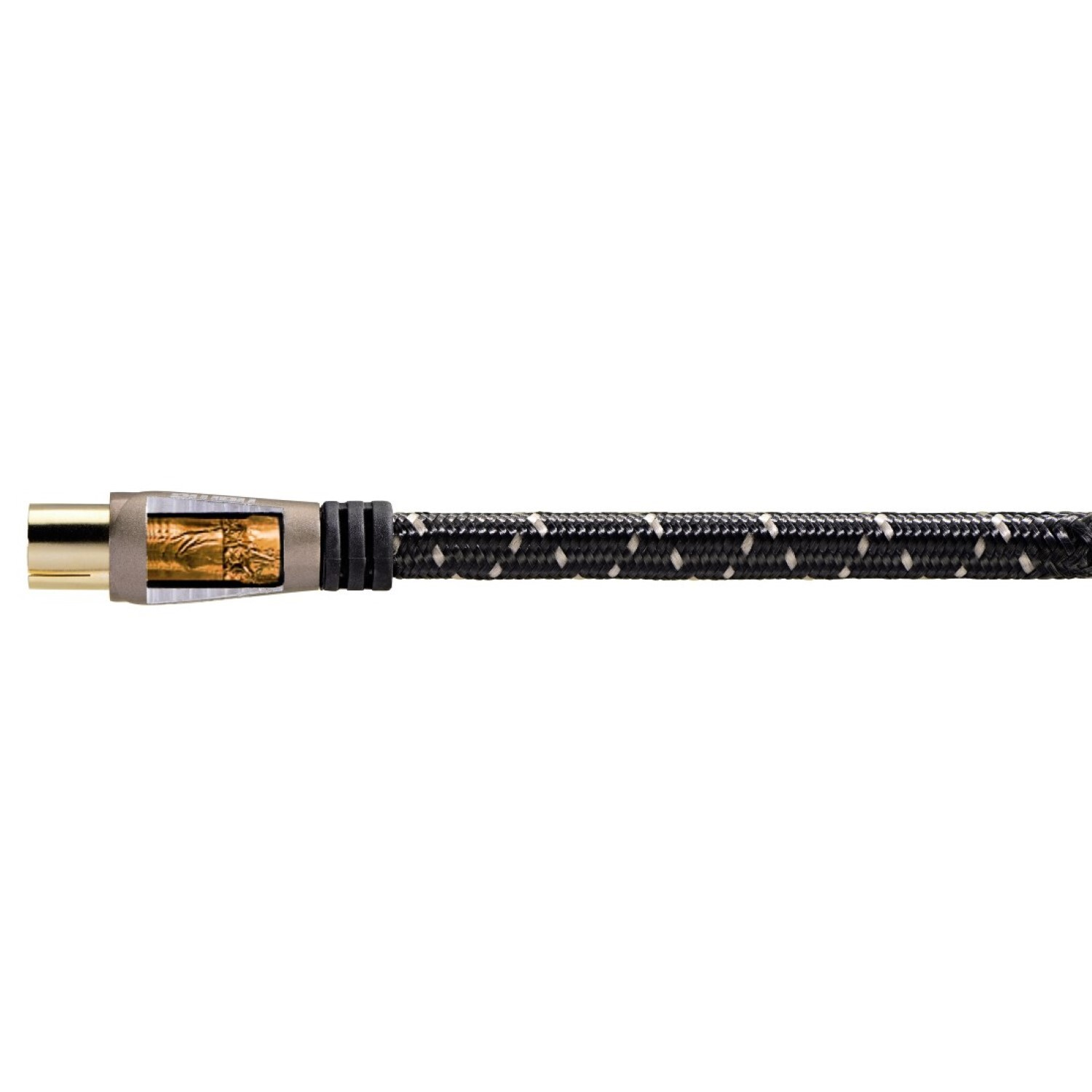 Ein einzelnes Koaxialkabel mit 'hama'-Etikett am Stecker. Weißer Hintergrund.