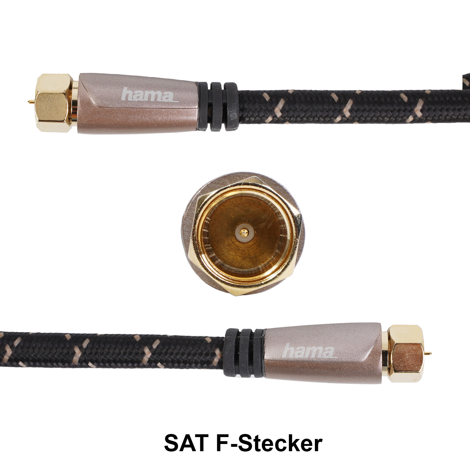 Drei Ansichten eines F-Stecker-Kabels mit 'hama'-Etikett. Eine Ansicht zeigt das Ende, zwei sind Kabelansichten.