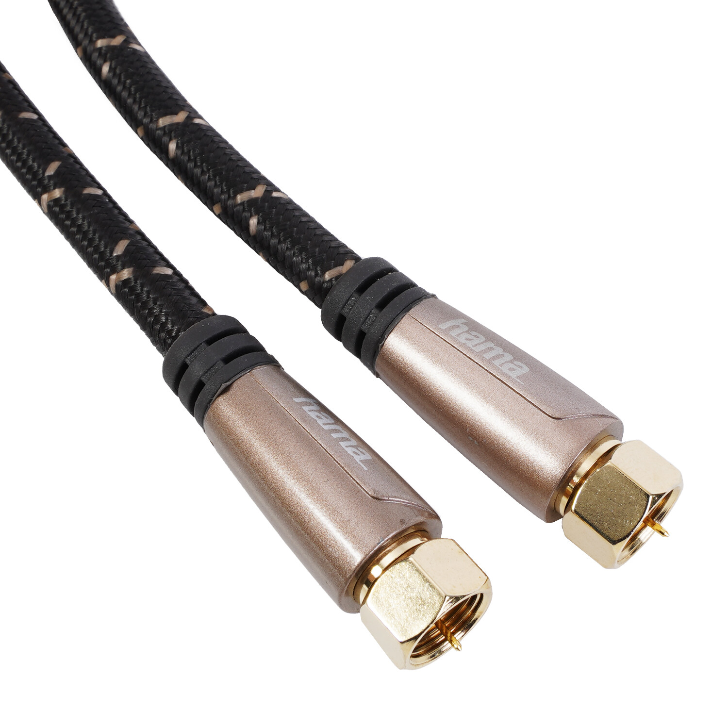 Zwei Koaxialkabel mit Steckern, beschriftet mit 'hama'. Schwarzes und braunes Kabel mit goldenen Steckern.