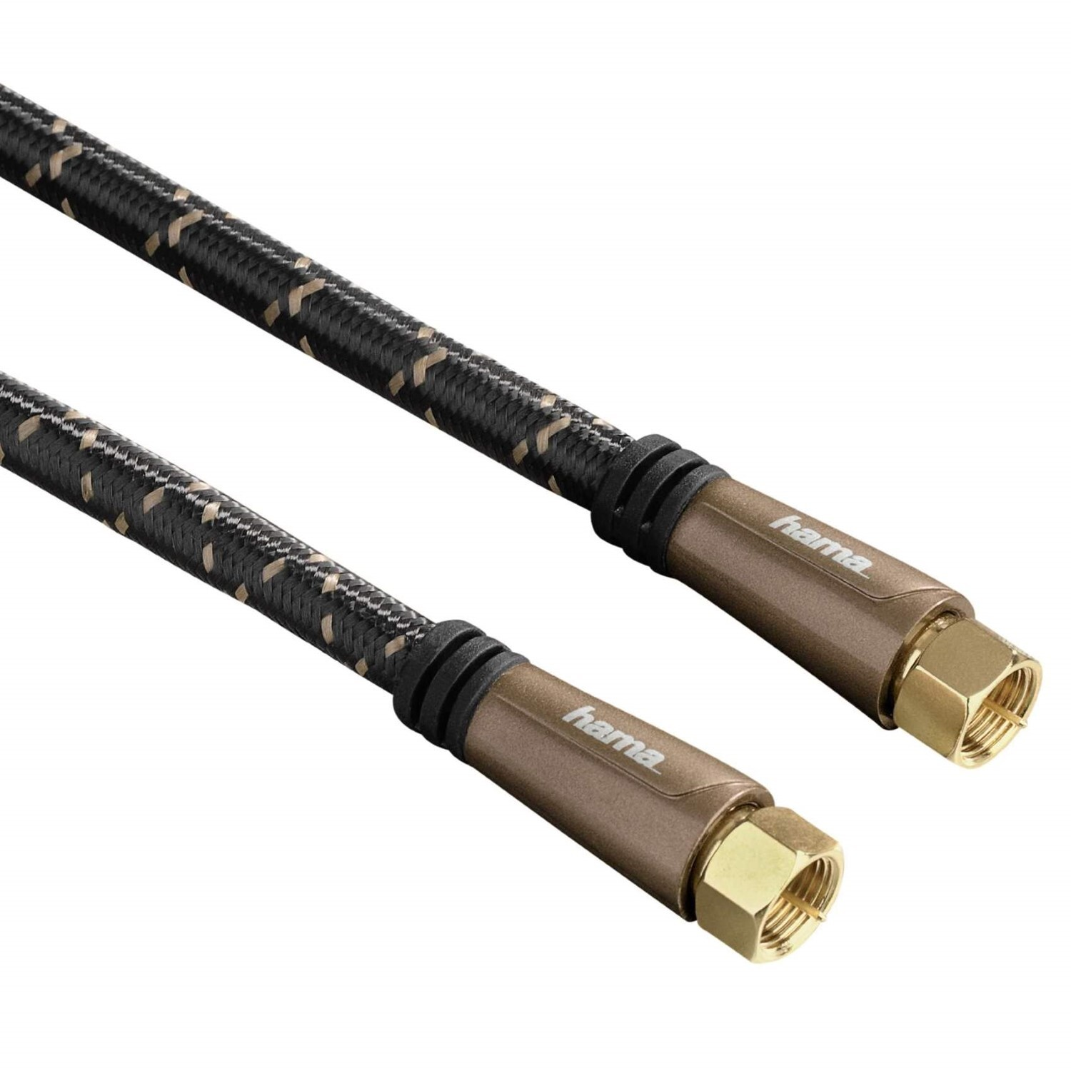 Zwei Koaxialkabel. Schwarz-gold gemustertes Kabel. Braune Stecker mit goldenen Spitzen. Hama-Logo auf Steckern. Weißer Hintergrund.