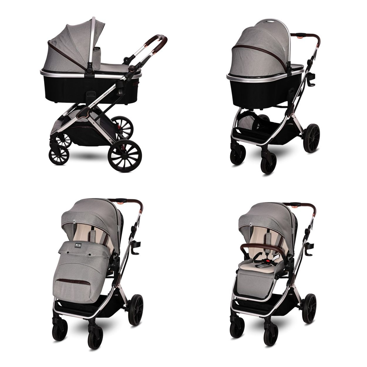 Cuatro vistas de un cochecito gris con capazo negro, varias configuraciones.