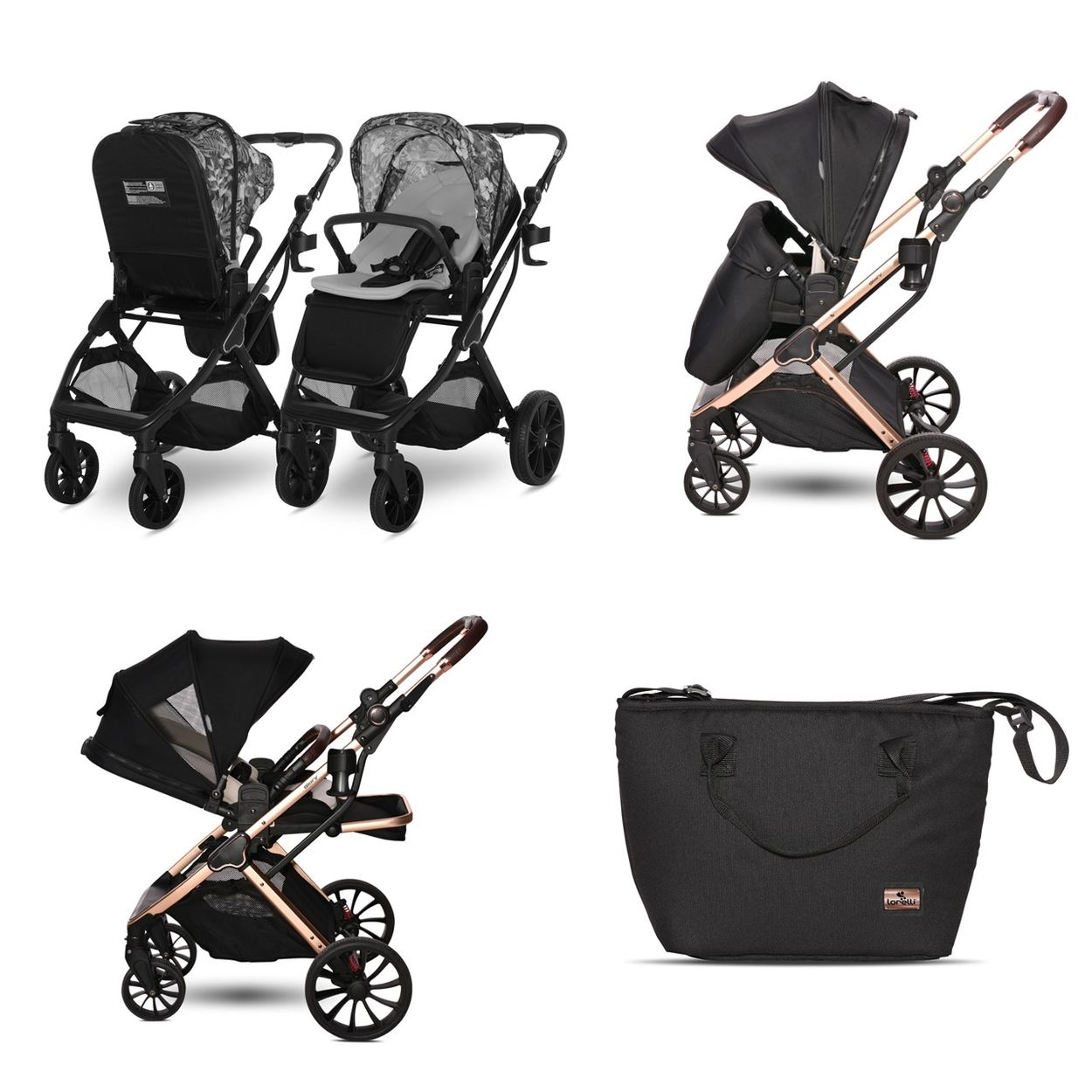 Cuatro vistas de un cochecito negro con capazo gris, varias configuraciones.