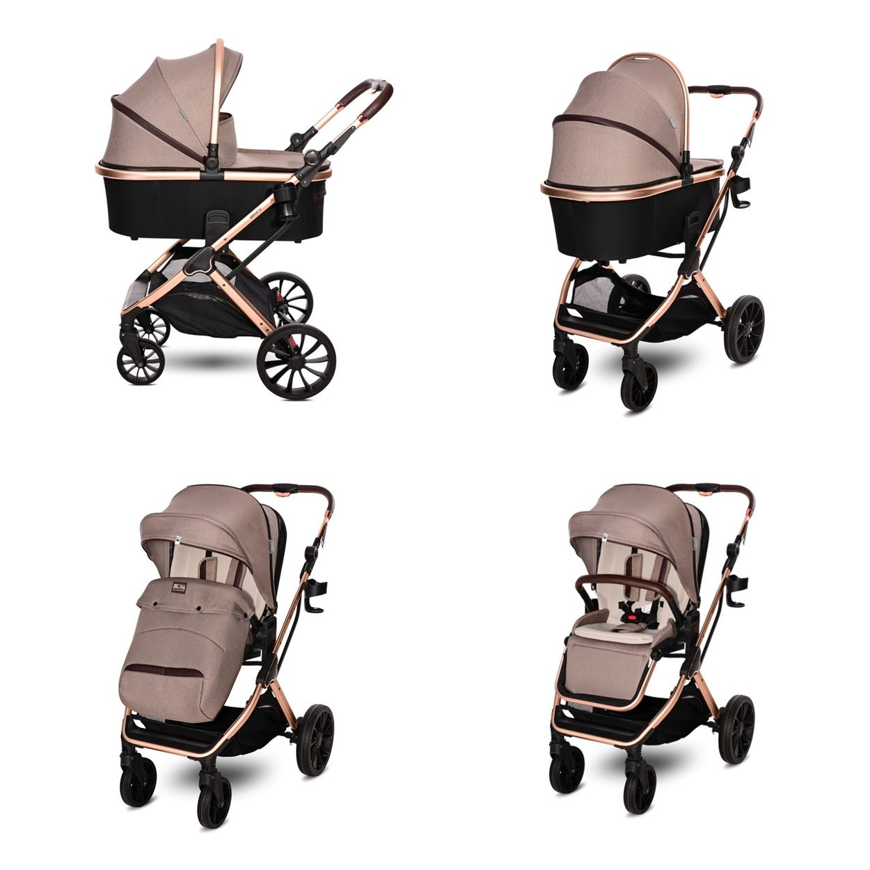 Un cochecito de bebé en diferentes configuraciones: capazo, asiento con capota y asiento con correas.