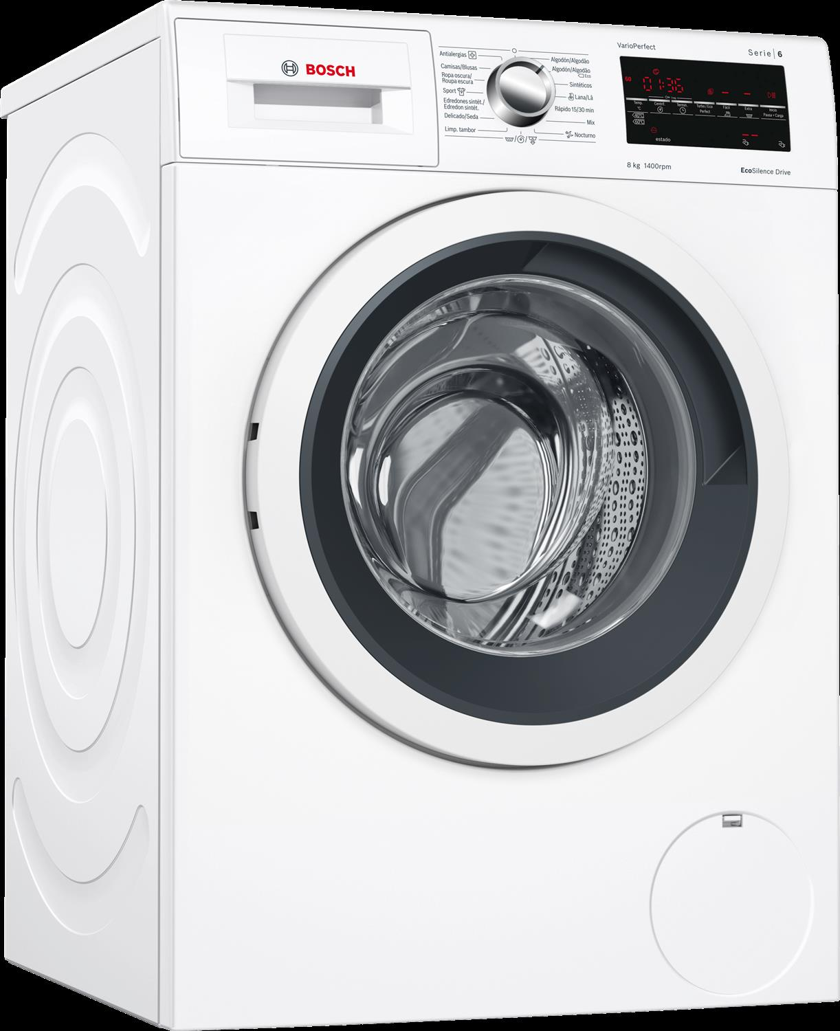 Lavatrice Bosch bianca. Presenta porta grigio scuro e pannello comandi con display digitale e molteplici opzioni di programma.