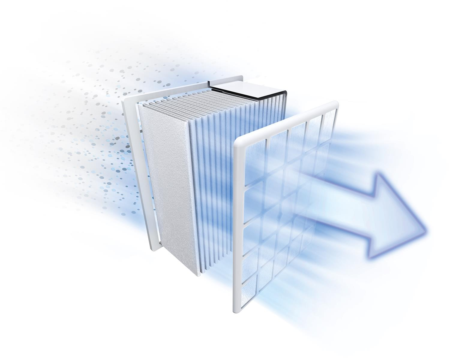 Diagramma del filtro con flusso d'aria blu. Mostra strati e freccia che indica il movimento dell'aria.