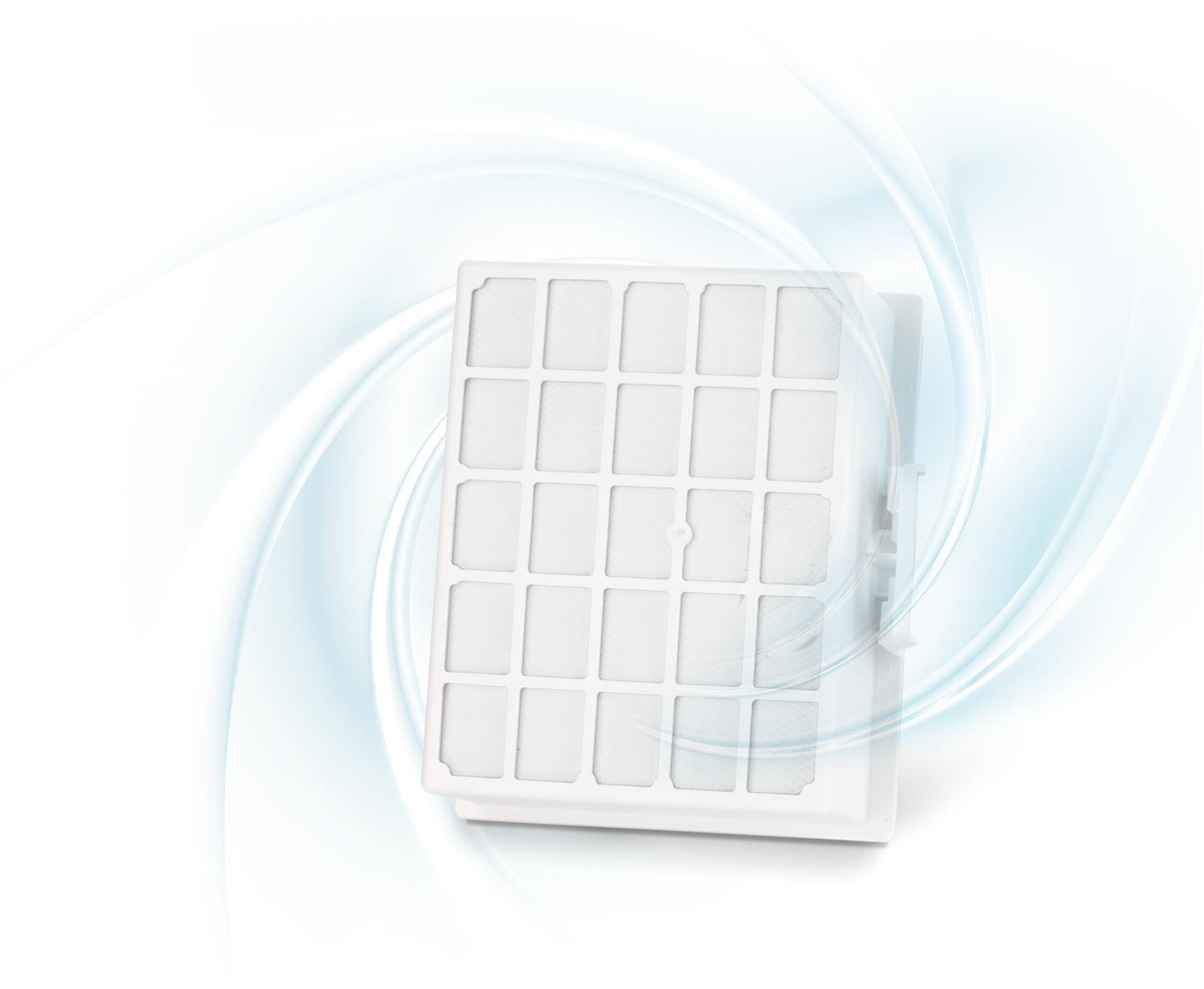Filtro bianco, circondato da un grafico a spirale blu, isolato su bianco.