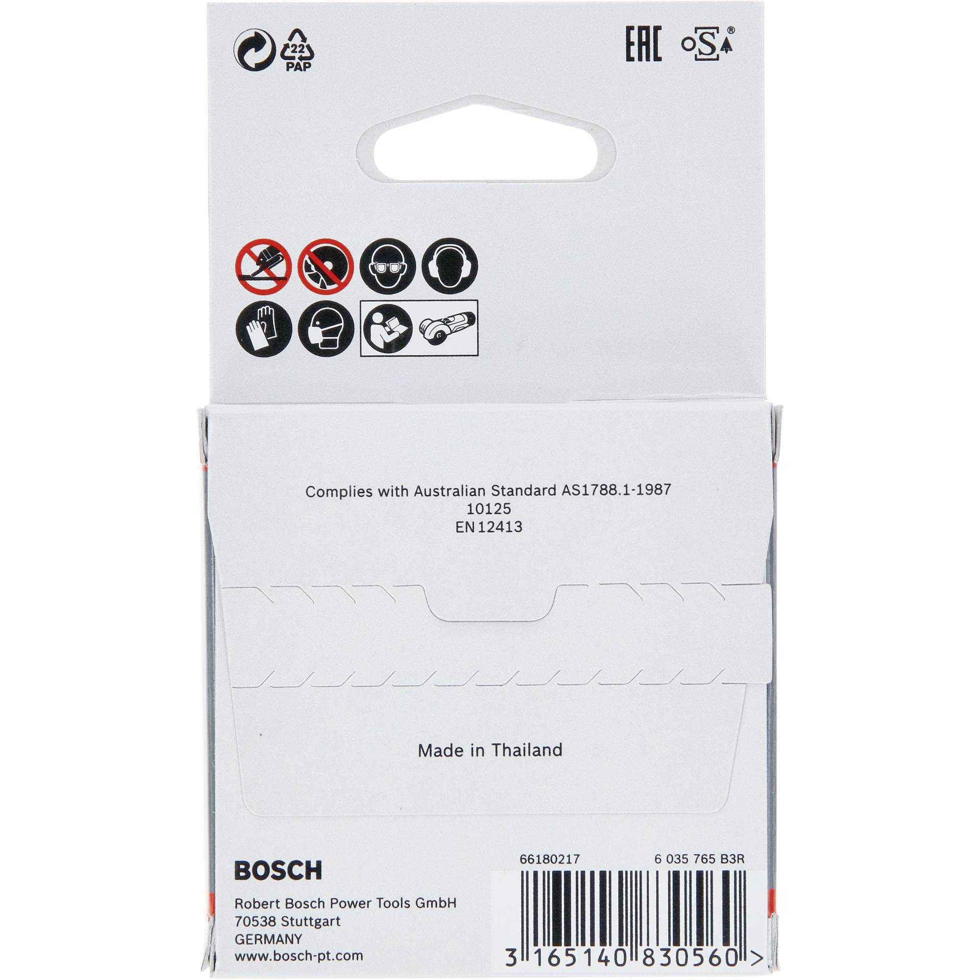 Product packaging with safety warnings and product information. The Bosch logo is displayed.