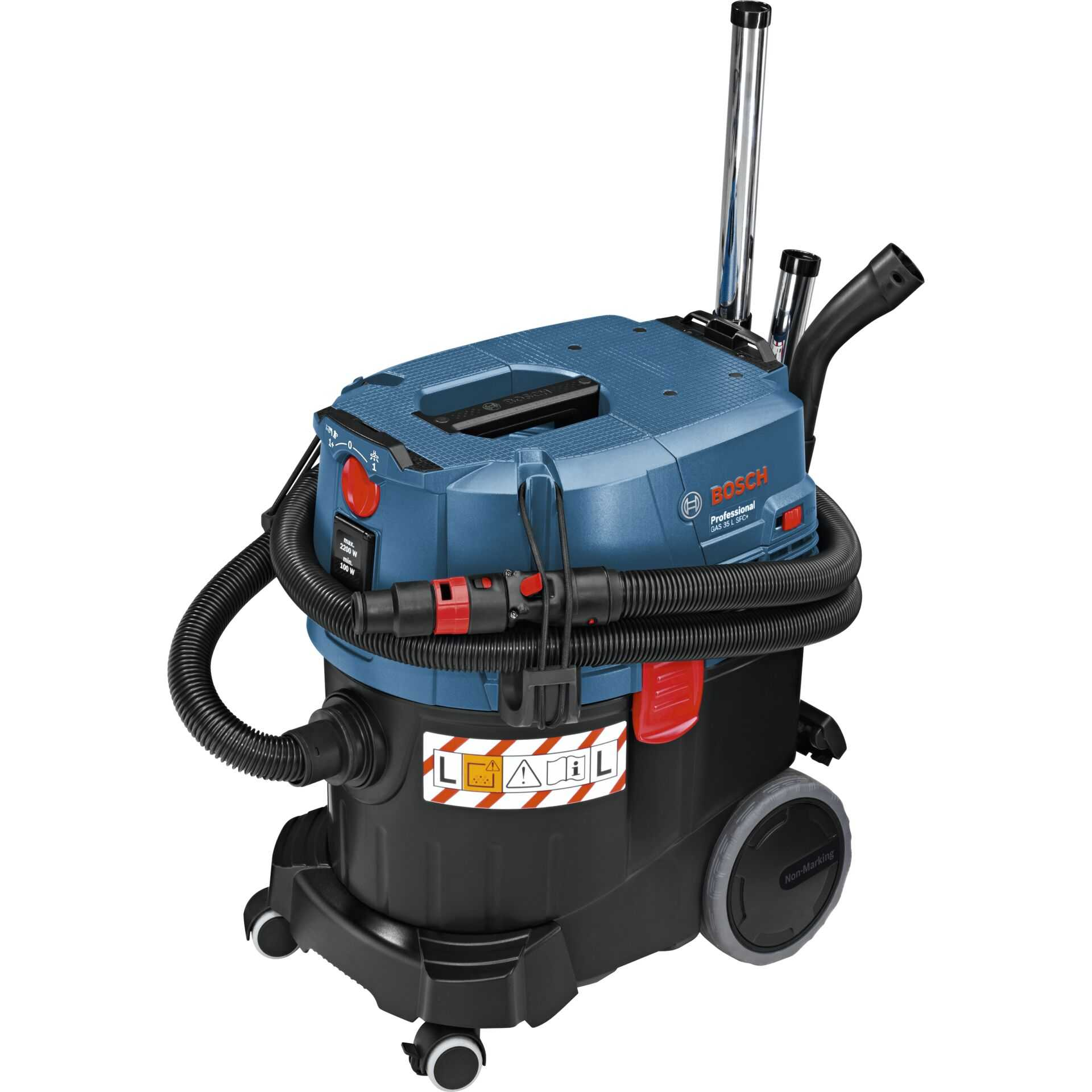 Un aspirapolvere blu e nero con tubo e accessori. Sono visibili ruote e un manico.