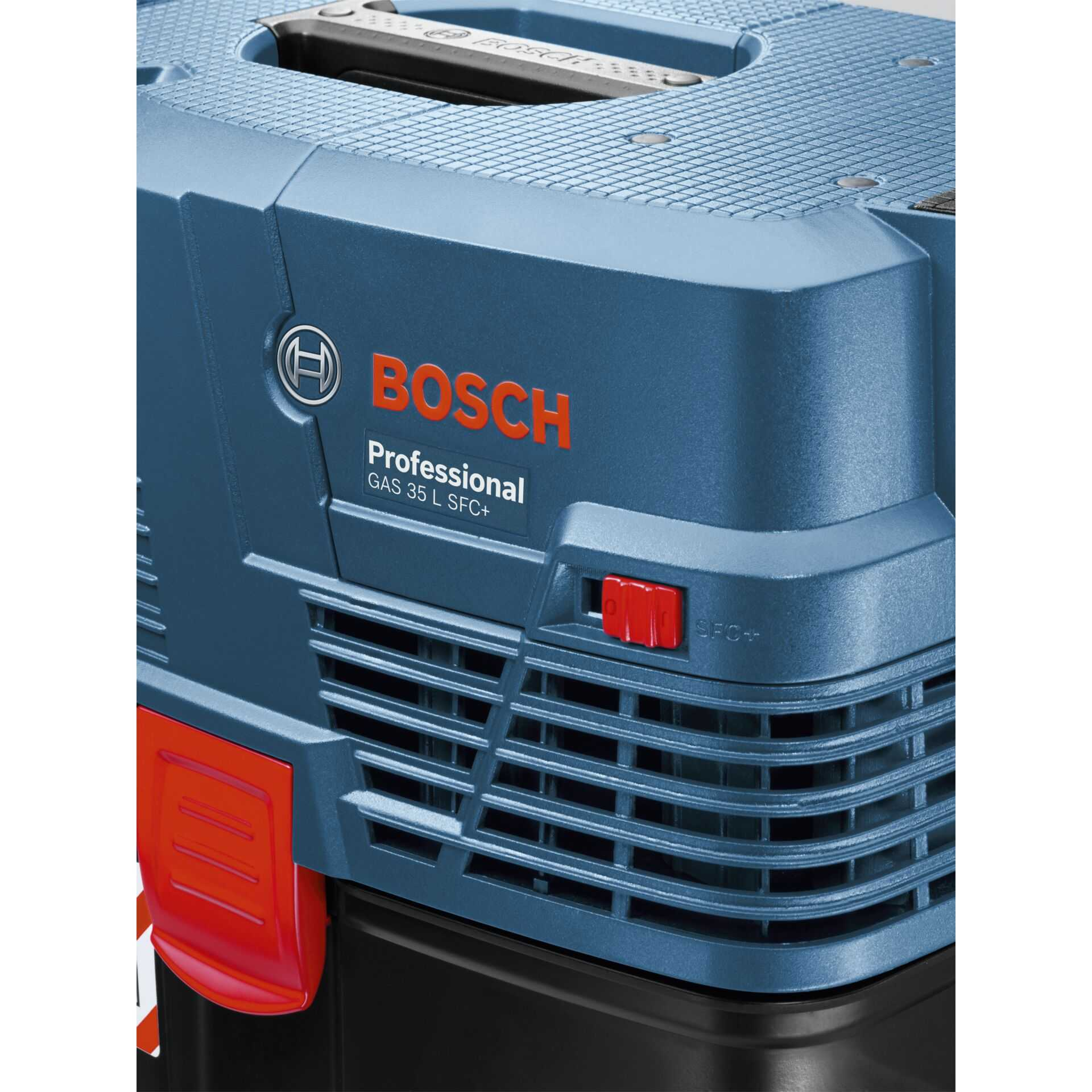 Un aspirapolvere Bosch Professional blu e nero. Sono visibili accenti rossi e un manico.