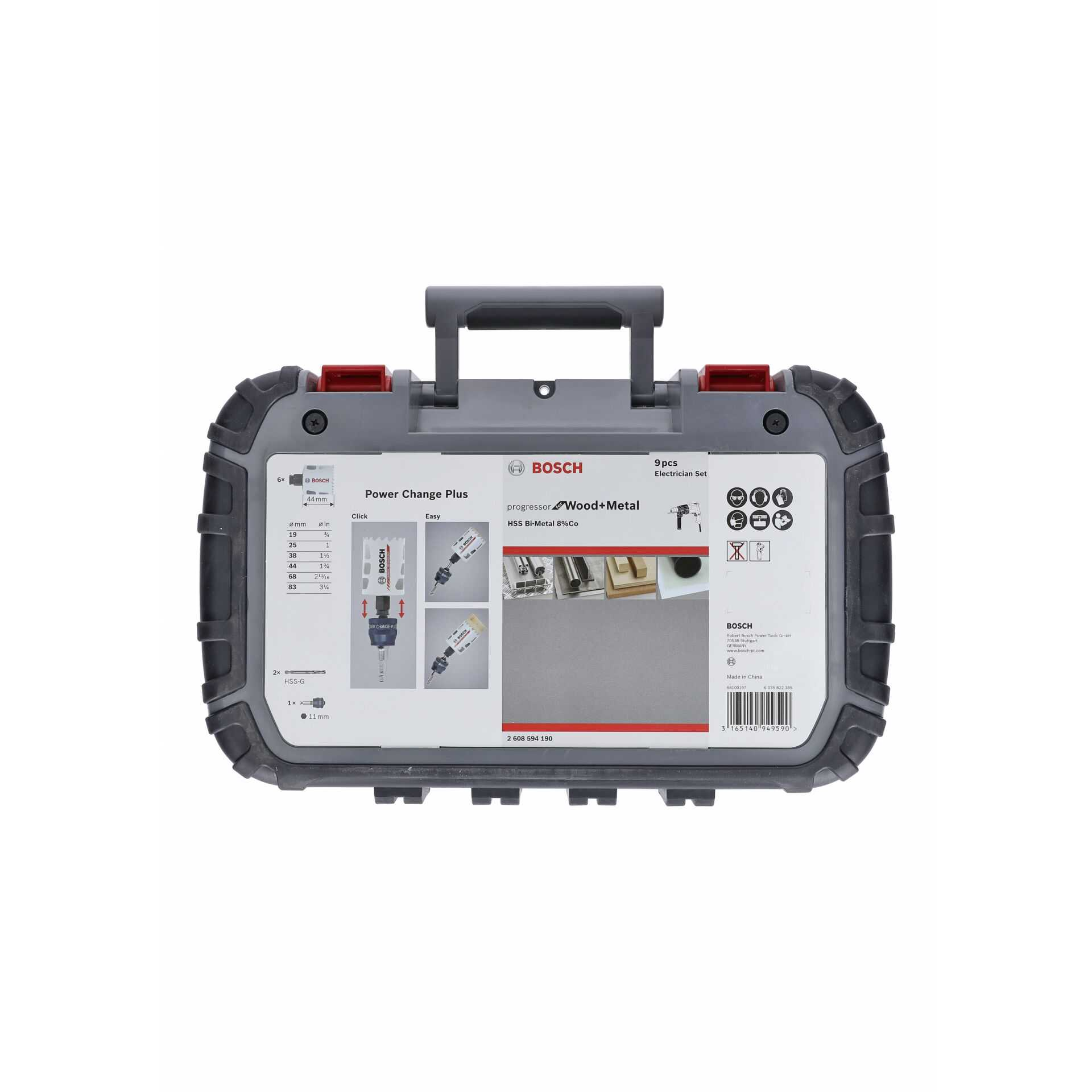 Szara i czarna skrzynka narzędziowa z czerwonym uchwytem, z etykietą Bosch Power Change Plus.