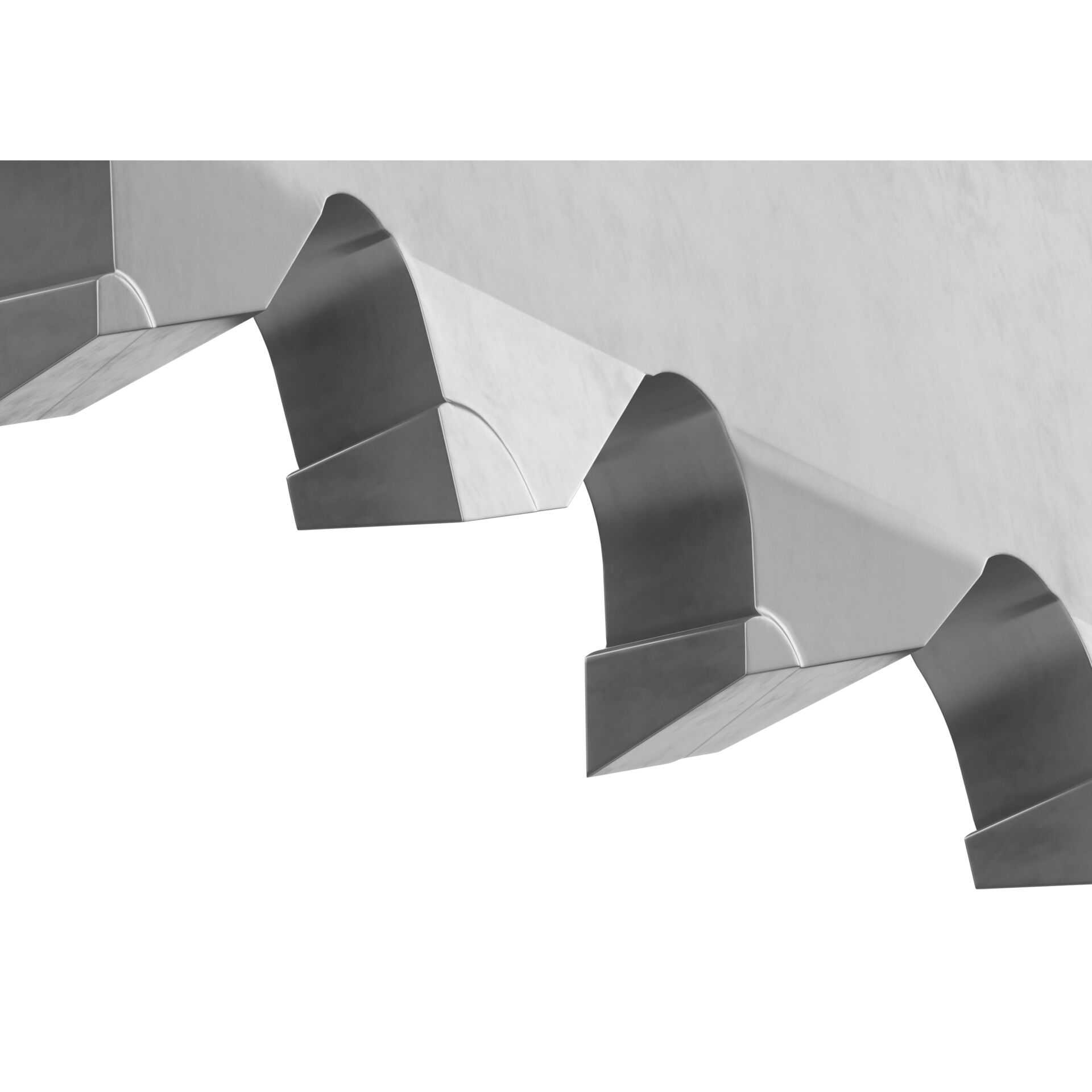 Zbliżenie zębów brzeszczotu. Zęby są kątowe i metalowe.