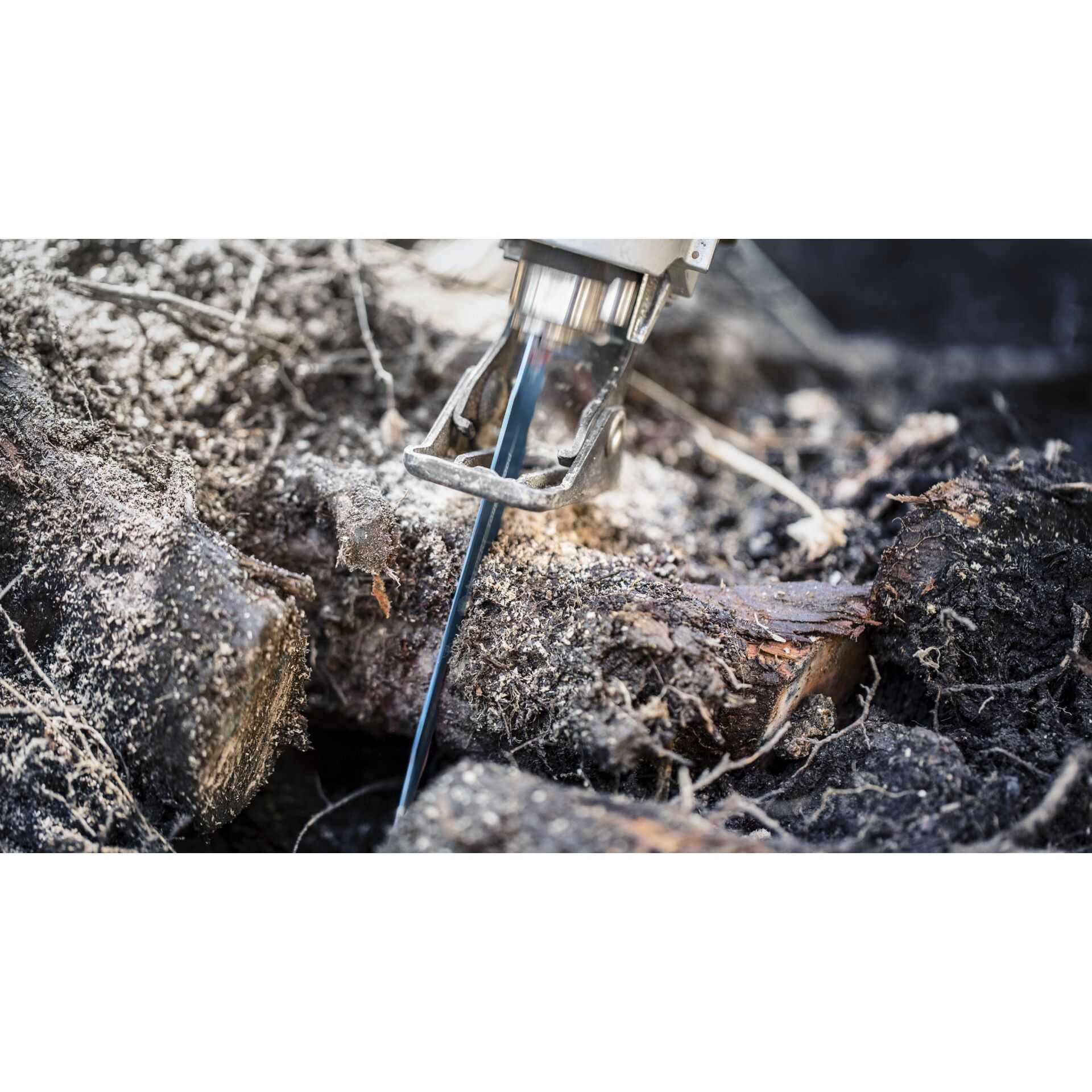 Piła szablasta przecina pień. Ostrze jest niebieskie. Piła trzymana jest przez osobę.