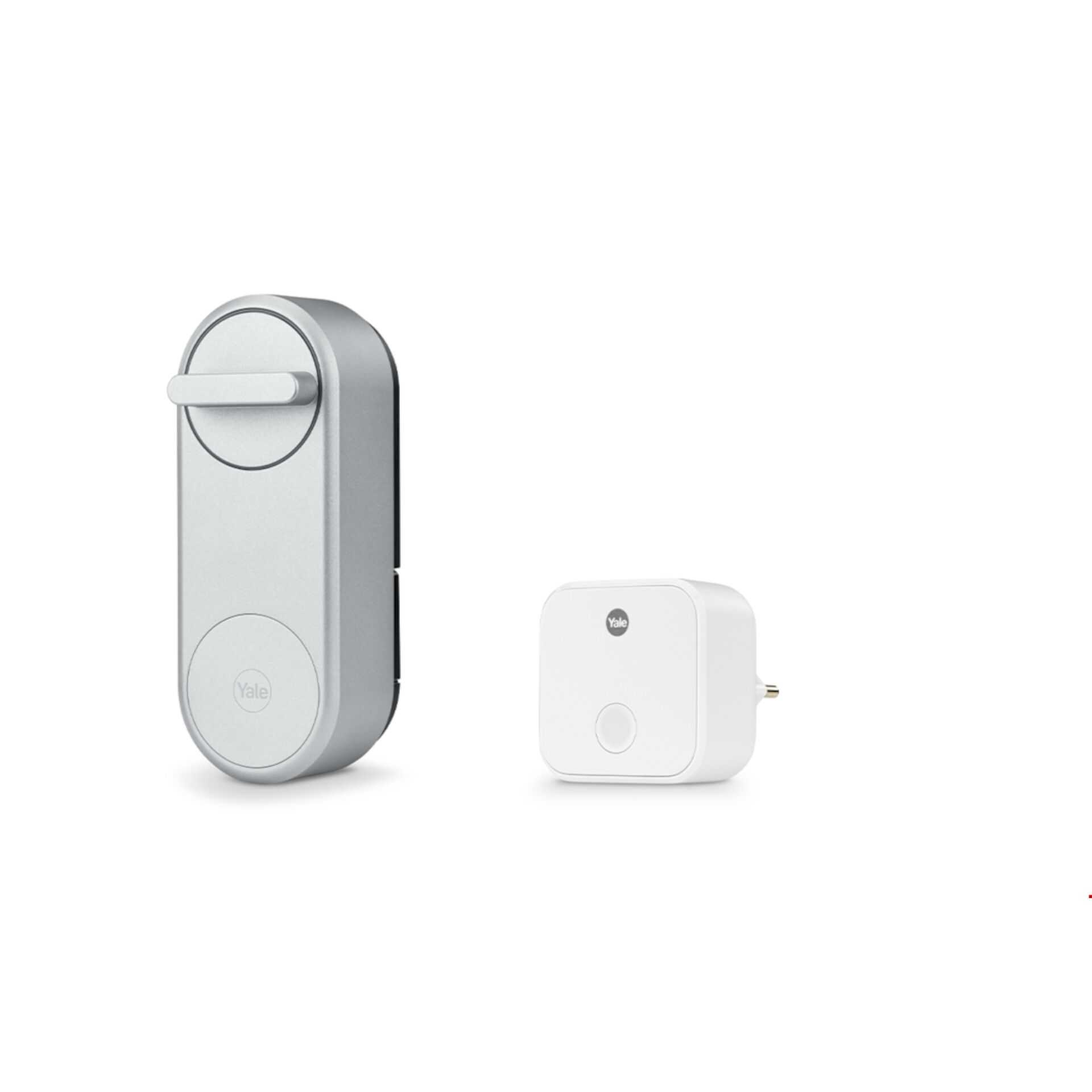 Ein Smart Lock und ein Hub auf weißem Hintergrund. Das Schloss ist silber und der Hub ist weiß.