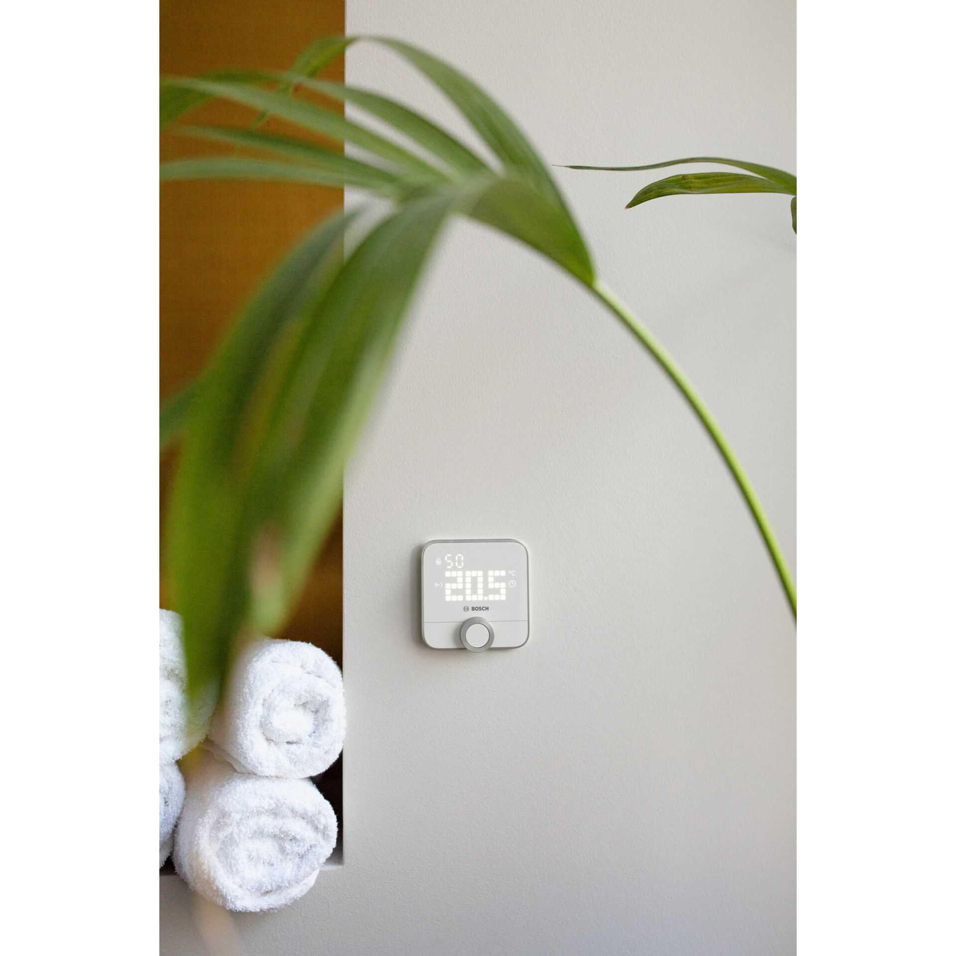 Ein Smart-Thermostat an einer weißen Wand. Eine grüne Pflanze im Vordergrund.