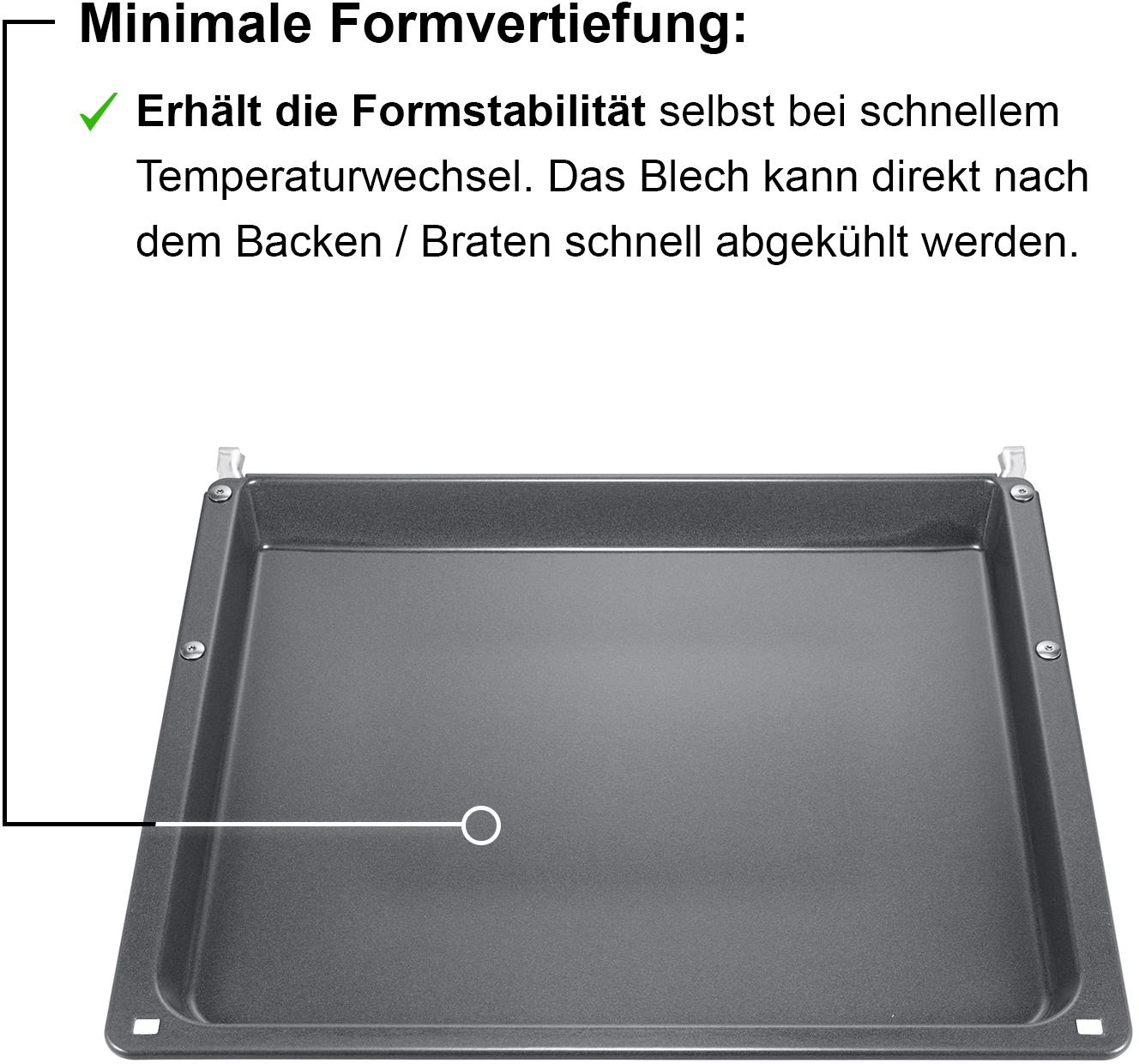 Graue Backofenschale, Nahaufnahme, mit Text zur Formstabilität.