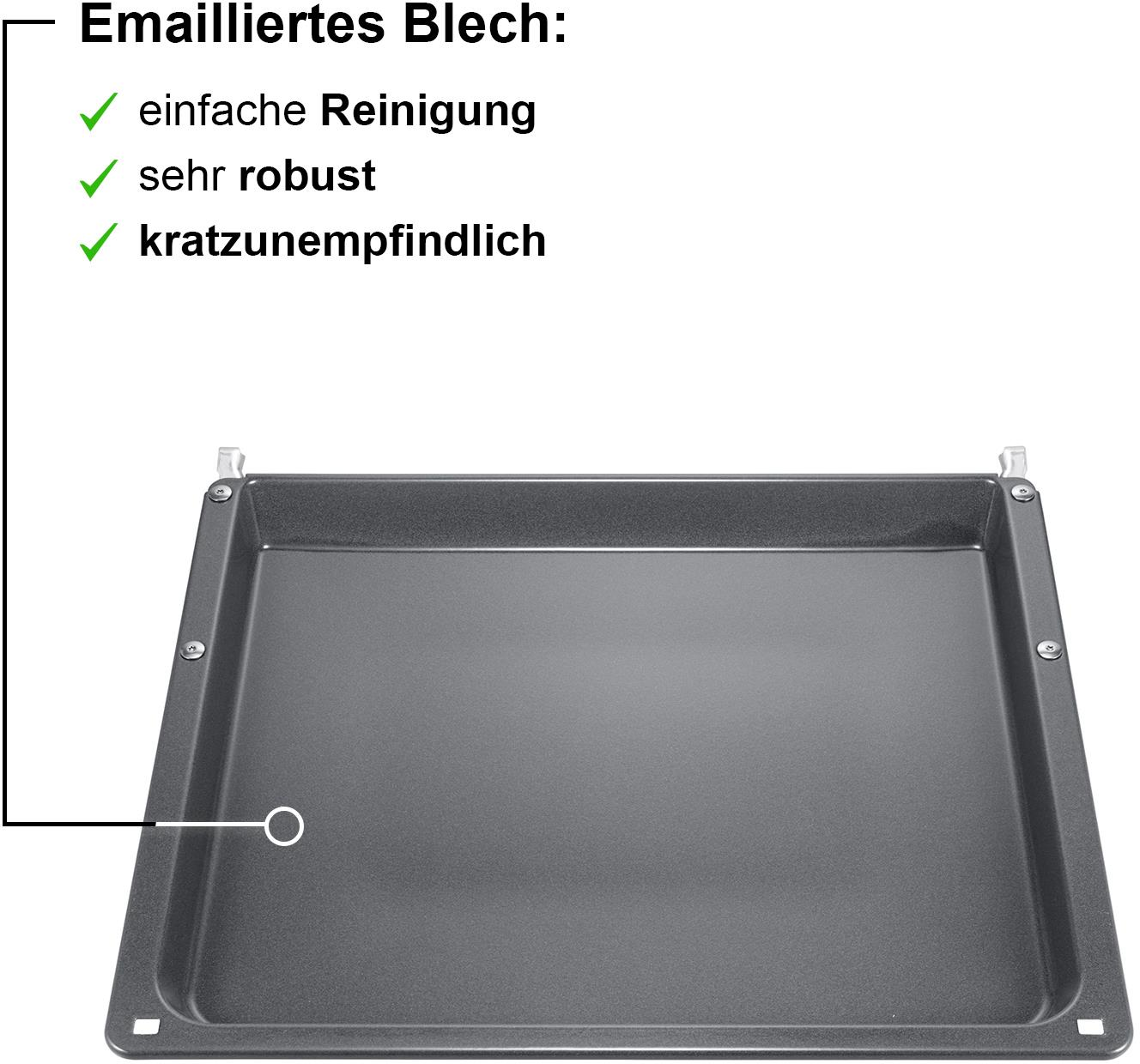 Graue Backofenschale mit Abmessungen, mit Text, der eine einfache Reinigung und Robustheit anzeigt.