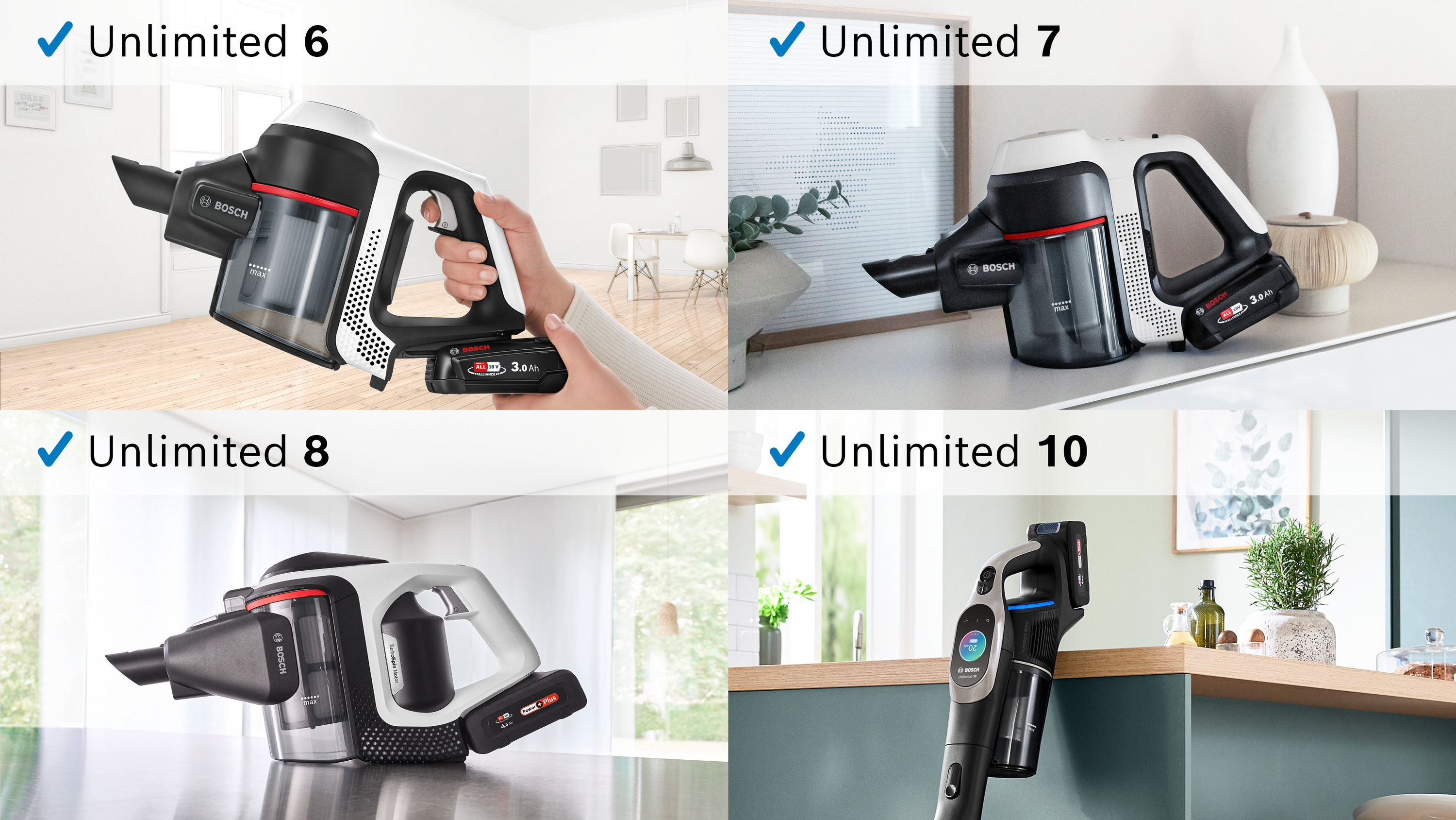 Cztery odkurzacze bezprzewodowe. Każdy odkurzacz ma unikalny design. Niektóre mają biały korpus, a niektóre czarny. Pokazano różne ustawienia.