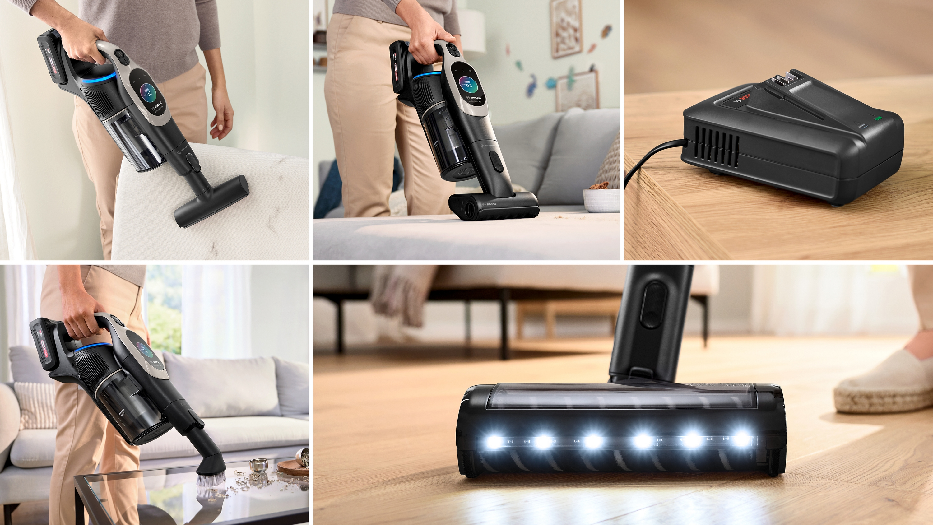 Wyświetlane są liczne obrazy odkurzacza i jego akcesoriów.