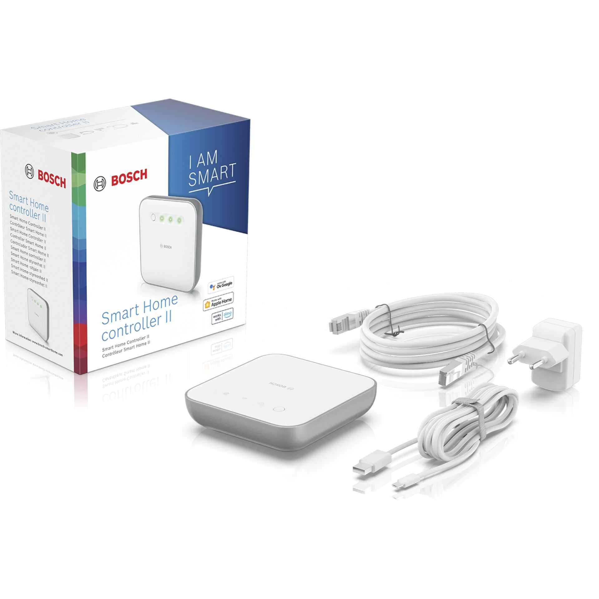 Ein Smart Home Controller II Kit mit weißem Controller, Kabeln und einem Netzteil. Bosch-Branding sichtbar.