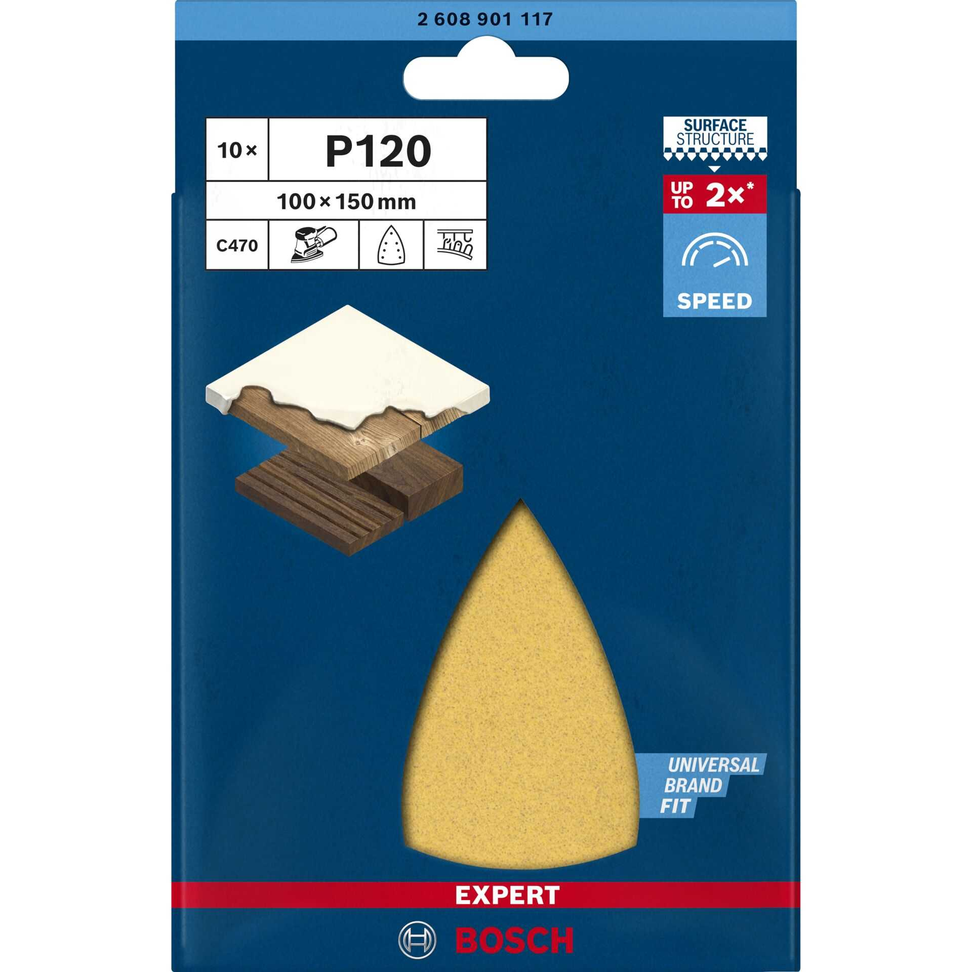 Eine Packung Bosch-Schleifpapier für einen Schleifer. Die Packung ist blau, mit einem gelben Schleifblatt sichtbar.