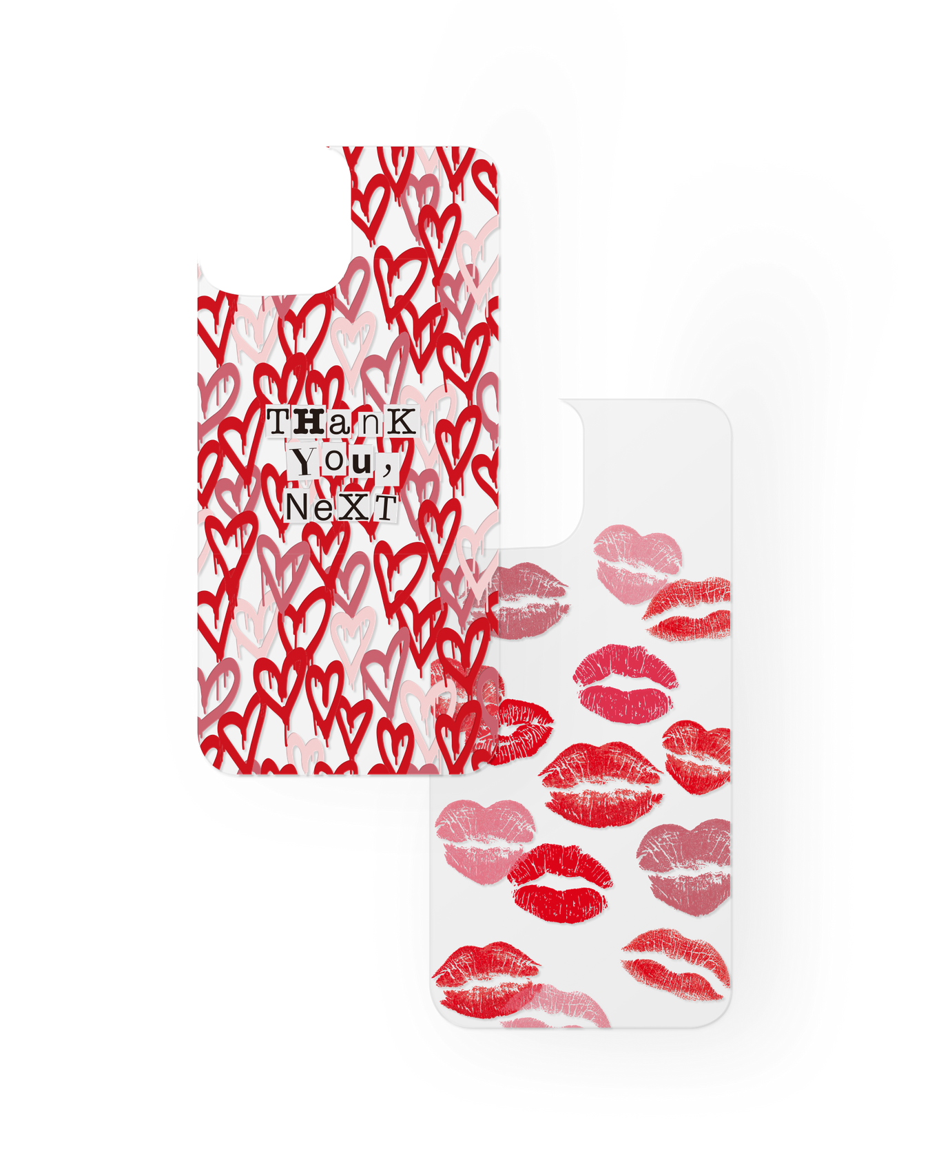 Zwei Handyhüllen mit Designs: eine mit roten Herzen und dem Text "Thank you, Next", die andere mit roten Lippenstiftflecken.