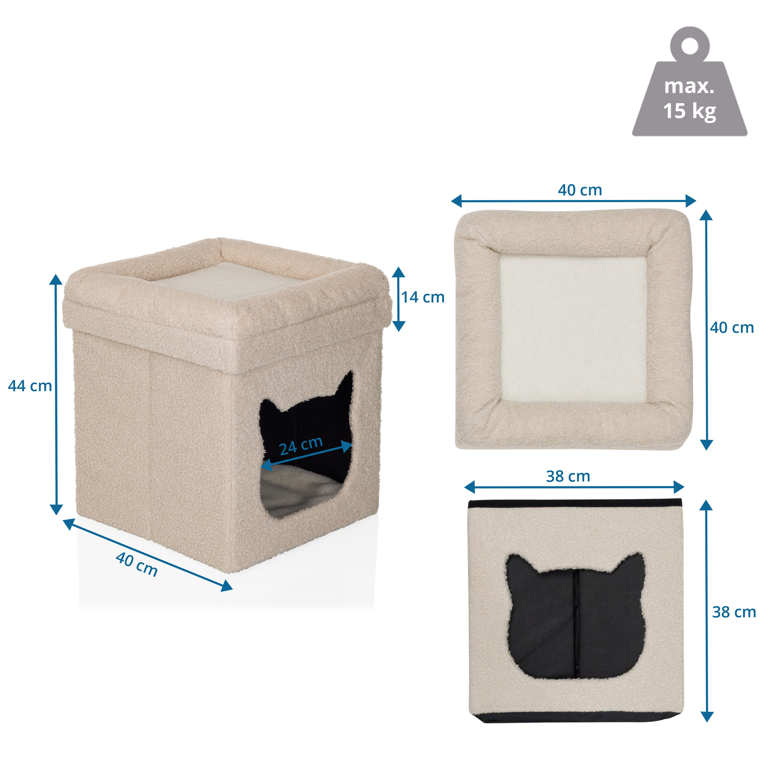 Beiges Katzenhaus mit Maßen. Offene Oberseite mit weißem Kissen, Katzensilhouetten-Ausschnitt. Maximale Gewichtsgrenze von 15 kg angegeben.