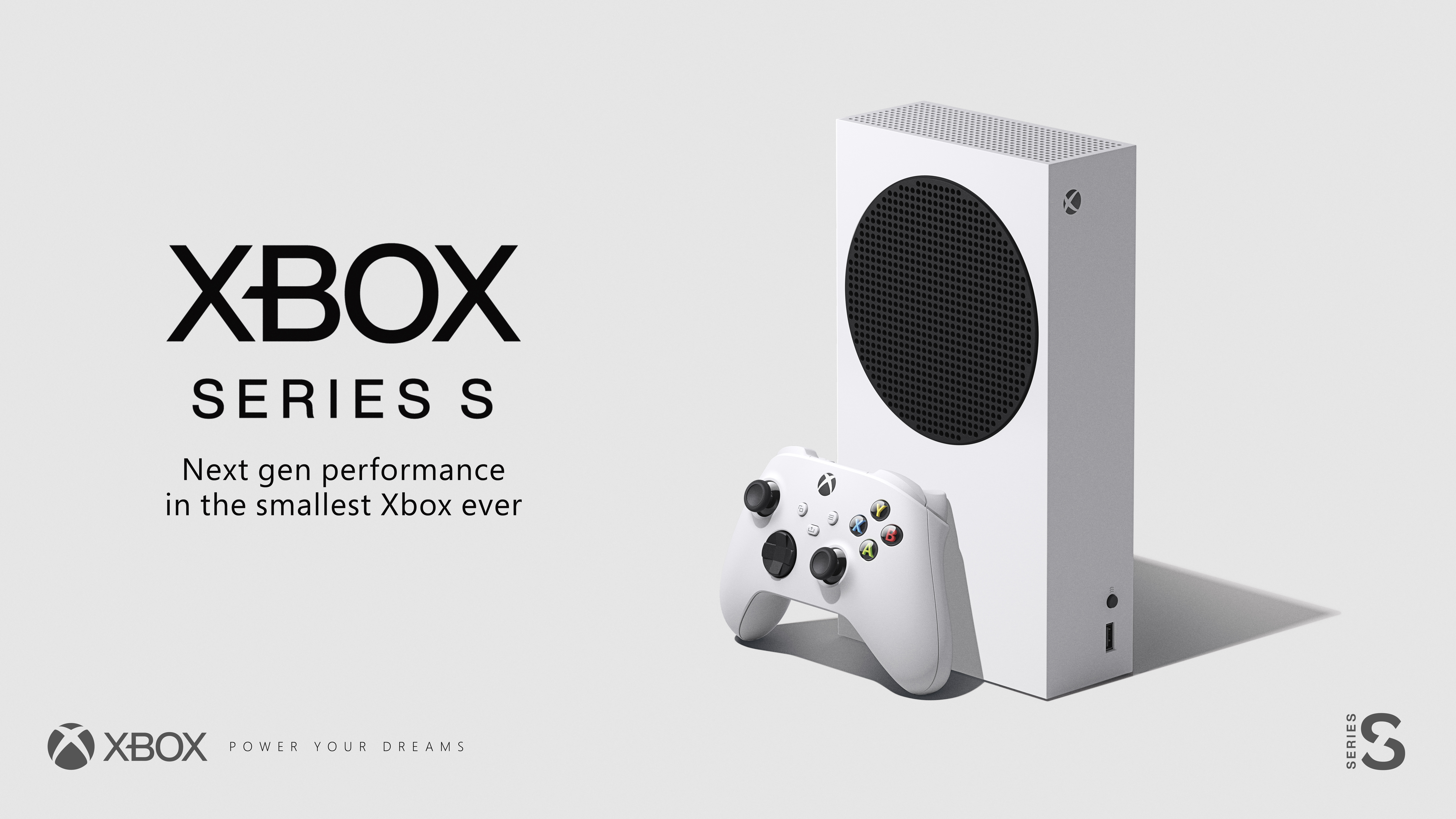 Xbox Series S console en controller. Tekst: 'XBOX SERIES S' en 'Next gen performance in the smallest Xbox ever'.