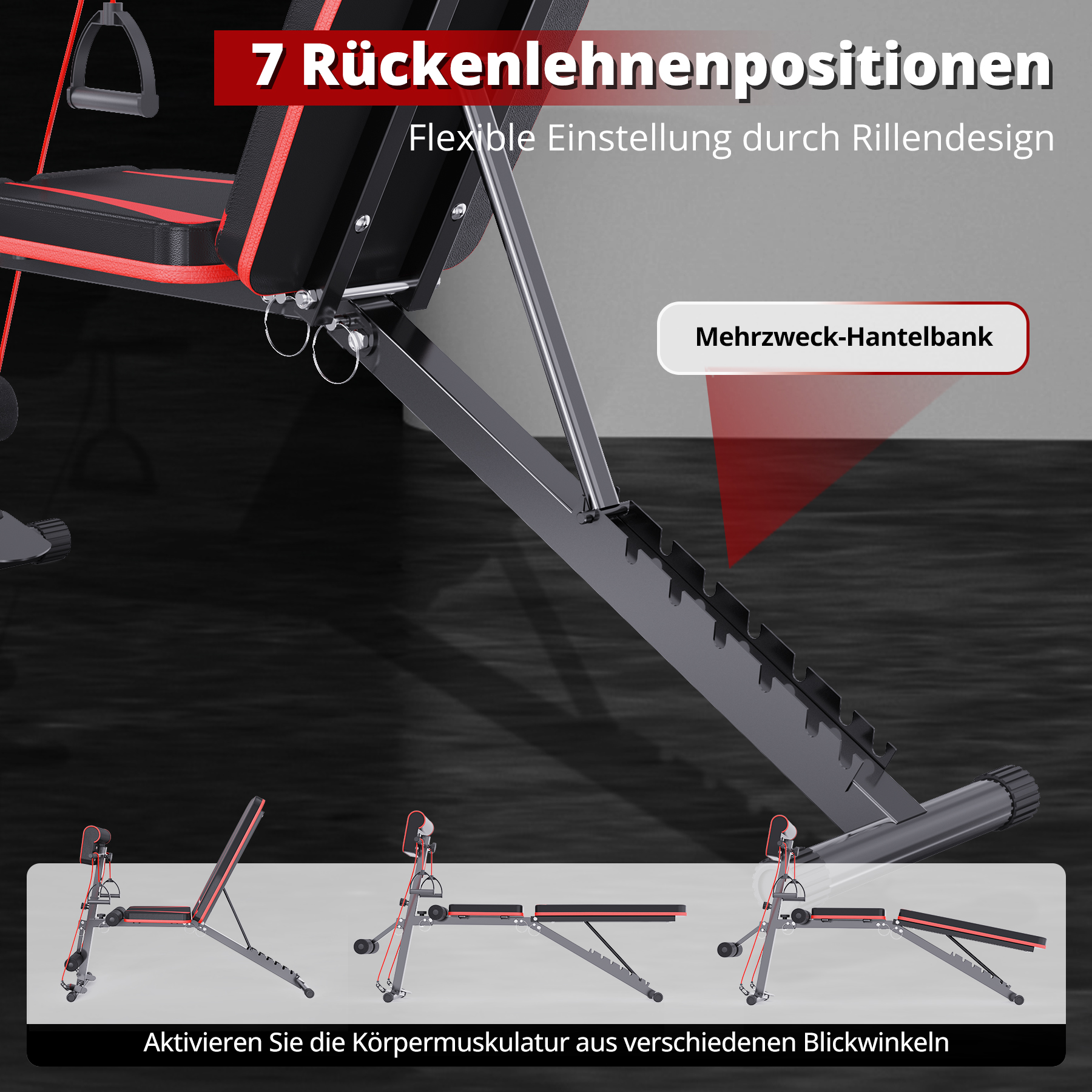 Nahaufnahme einer Trainingsbank mit verstellbaren Rückenlehnenpositionen. Schwarz-rote Bank mit verschiedenen Winkeln.
