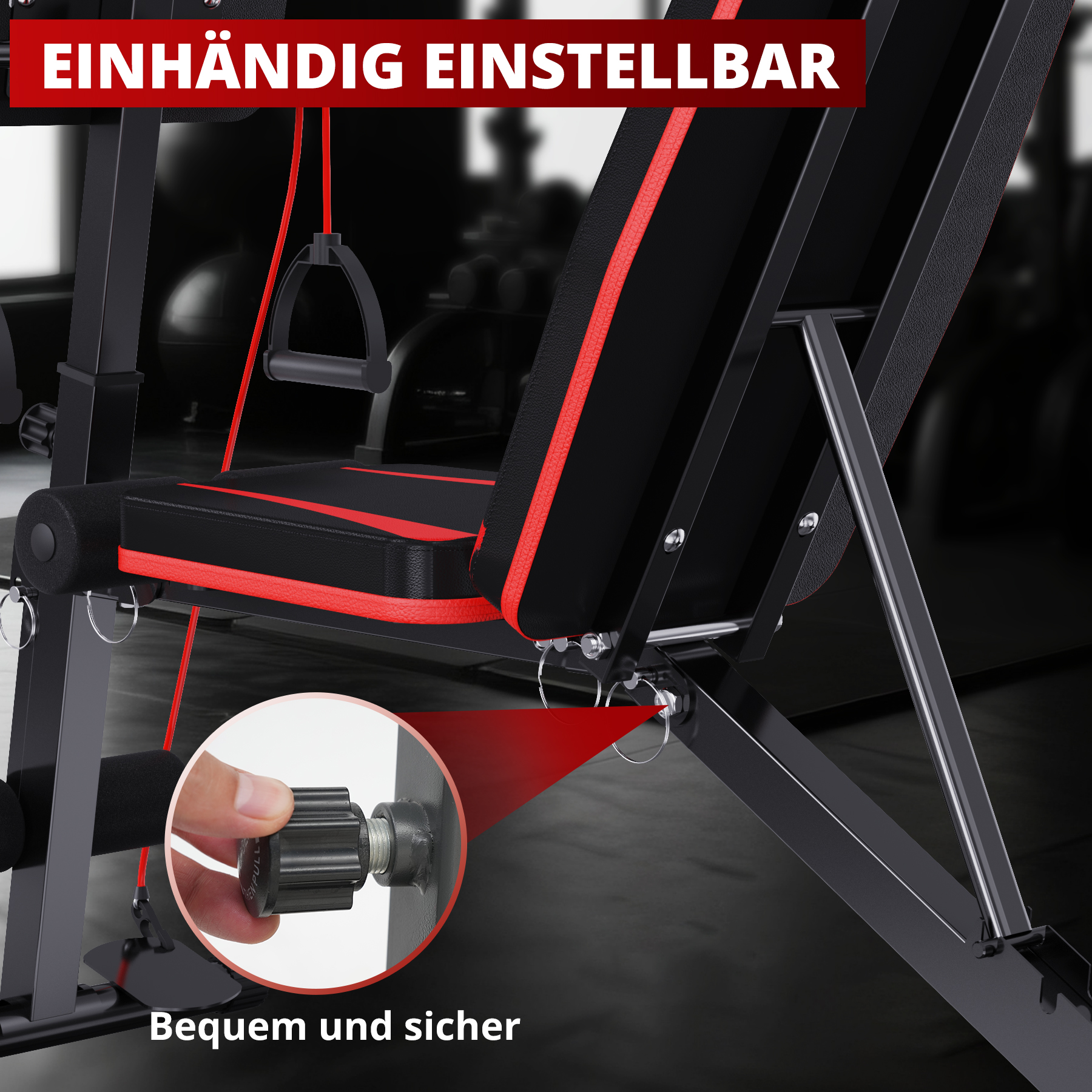 Schwarz-rote Trainingsbank, mit Knopf verstellbar. Merkmale sind einhändig verstellbar, komfortabel und sicher.