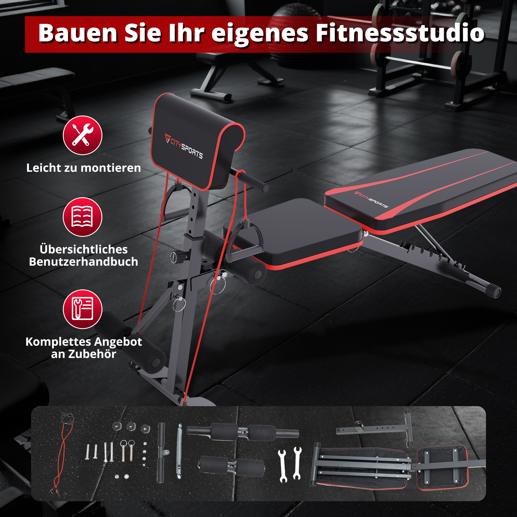 Trainingsbank mit Zubehör. Werkzeuge, eine Bedienungsanleitung und verschiedene Bankkomponenten werden angezeigt.
