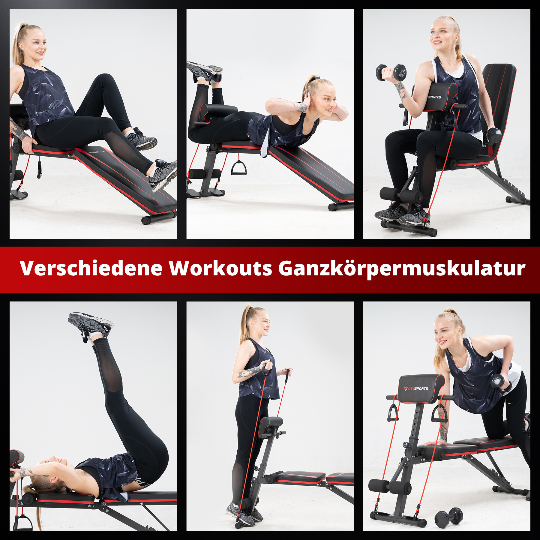 Collage einer Frau, die verschiedene Workouts auf einer Bank demonstriert, mit Widerstandsbändern und Kurzhanteln.