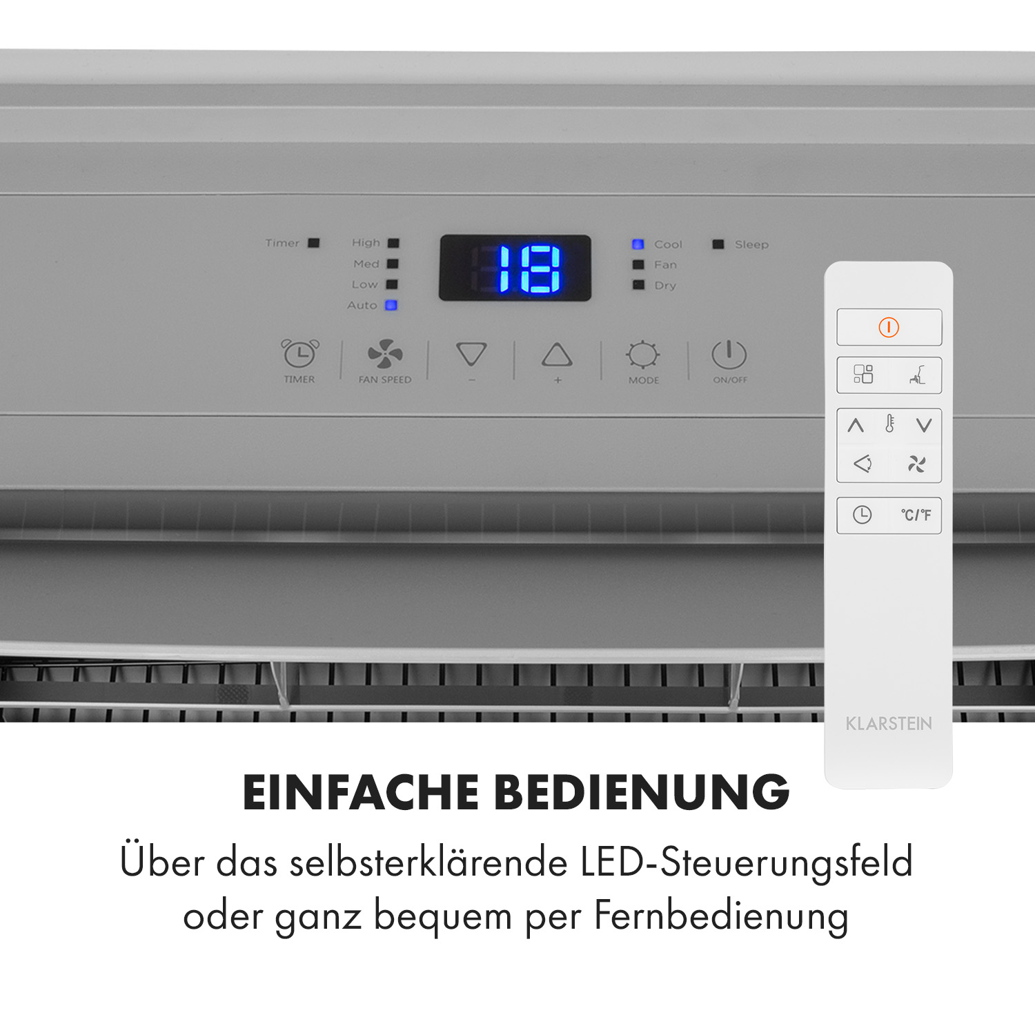 Klimaanlagen-Bedienfeld mit digitaler Anzeige, Tasten und Fernbedienung daneben.