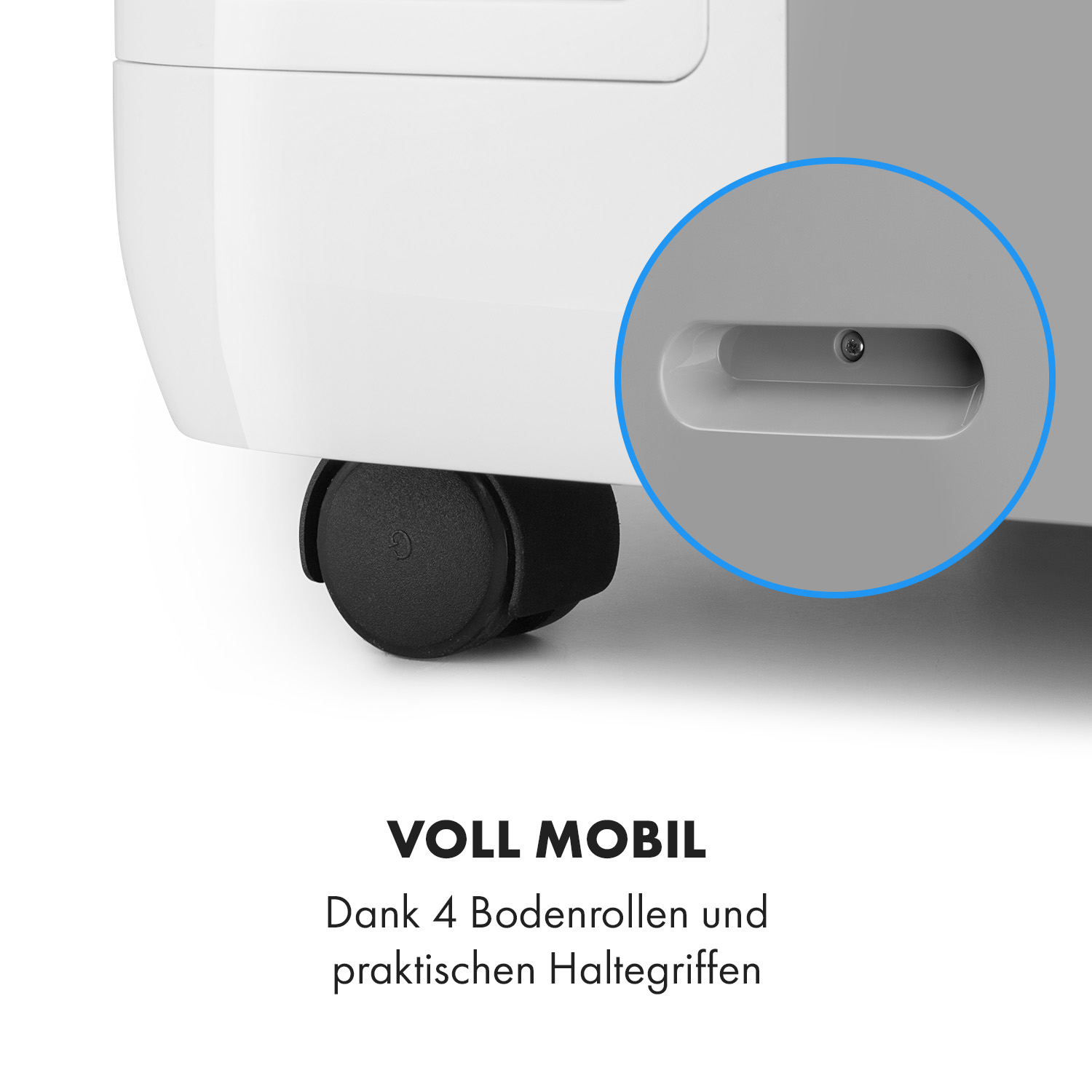 Nahaufnahme von Rad und Griff einer Klimaanlage mit Text: "VOLL MOBIL".