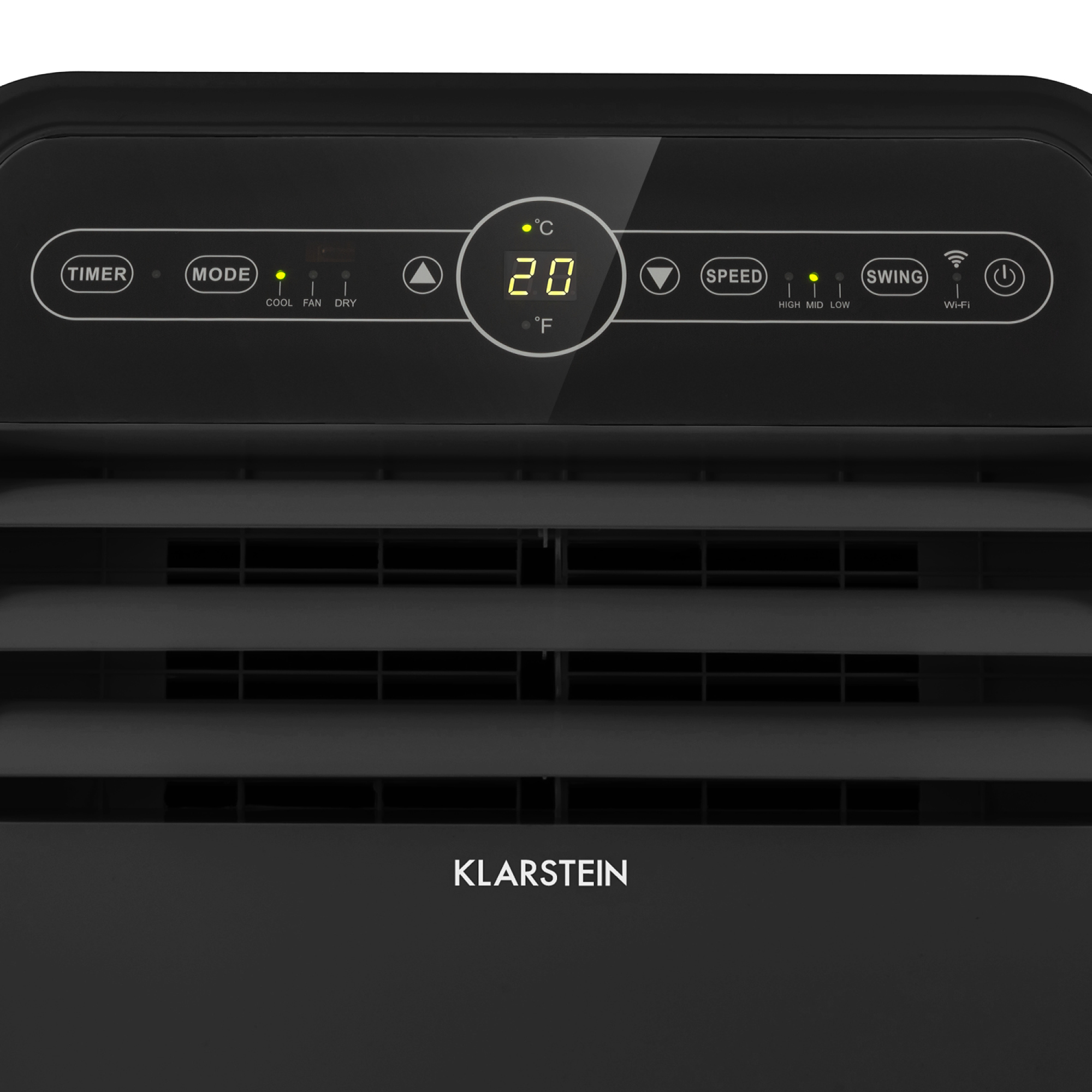 Schwarzes Klimaanlagen-Bedienfeld mit digitaler Temperaturanzeige und verschiedenen Funktionstasten.