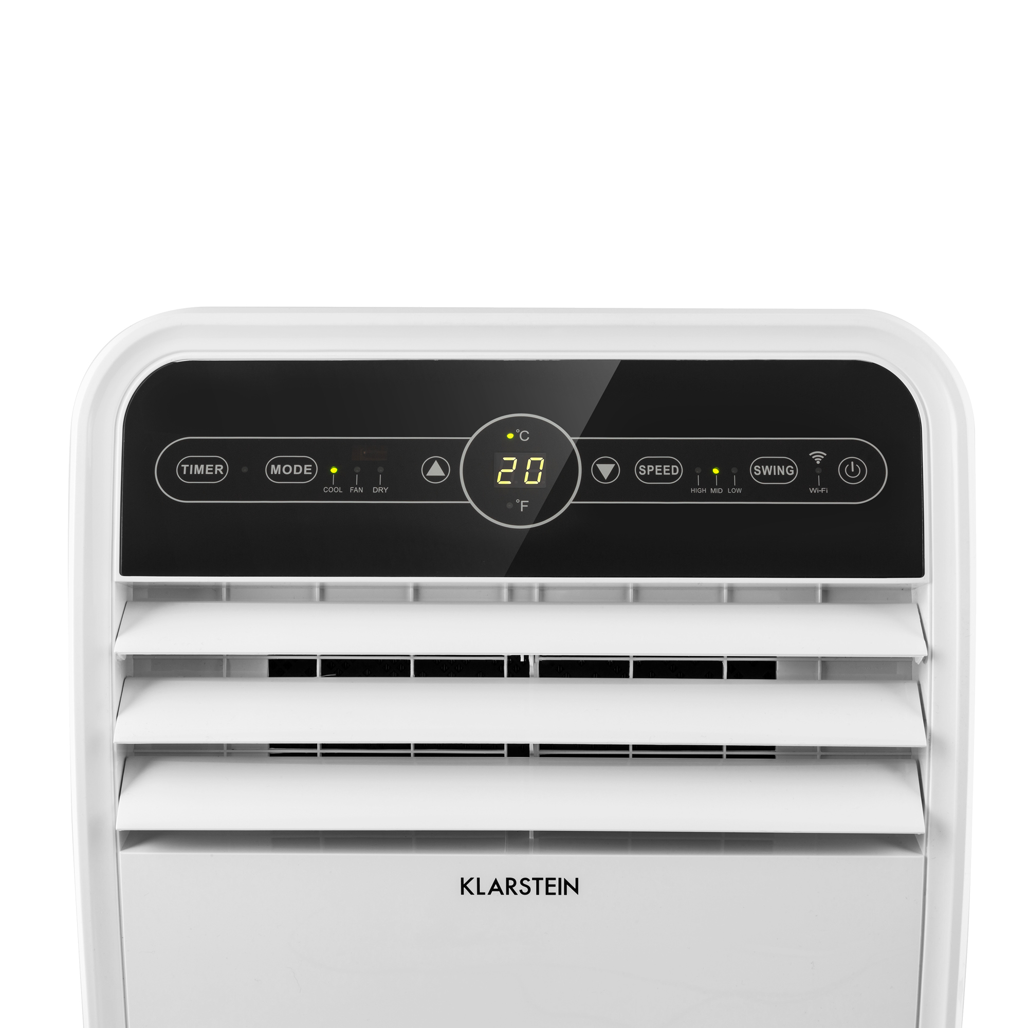 Weiße Klimaanlage, Draufsicht, mit Bedienfeld. Anzeige zeigt 20°C. Tasten für Timer, Modus, Lüfter und Geschwindigkeit.