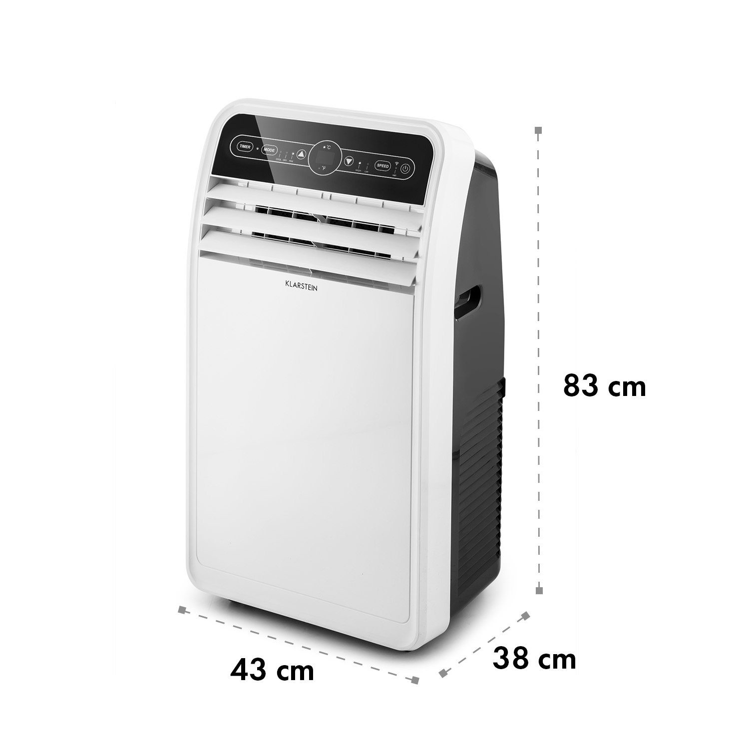 Condizionatore bianco e nero con dimensioni: 43 cm, 38 cm e 83 cm.