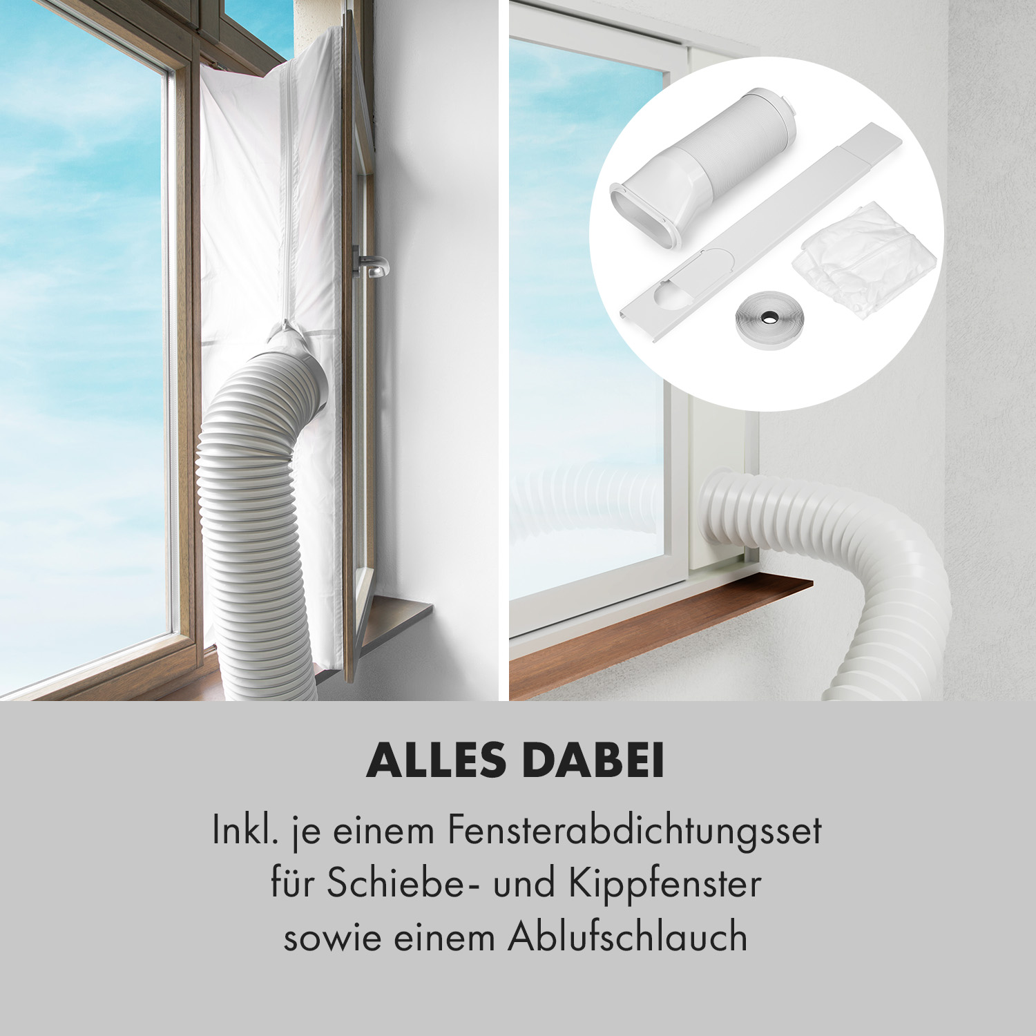 Fensterabdichtungsset mit Abluftschlauch und Zubehör für Klimaanlage. Komponenten sind weiß und grau.
