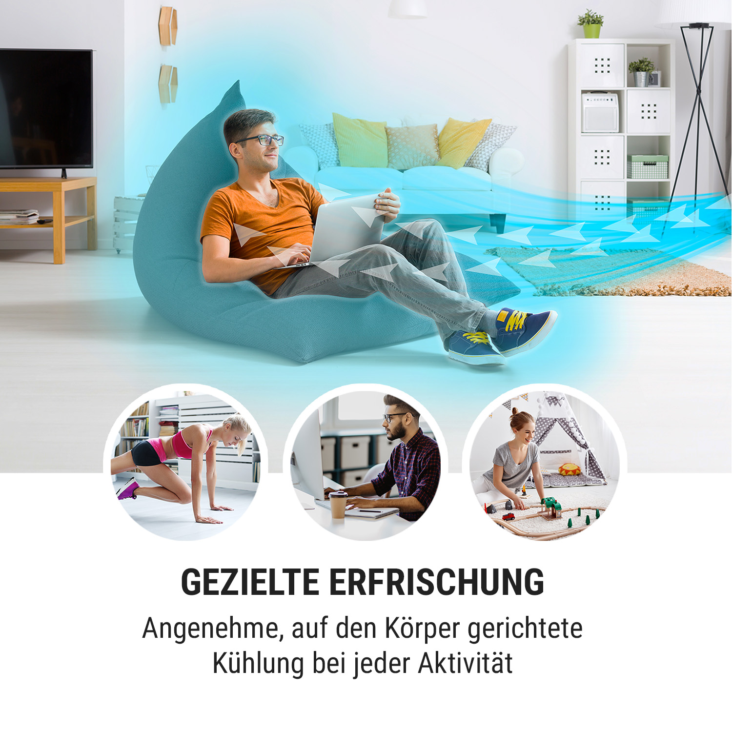 Mann auf Sitzsack mit Laptop. 3 Insets von Aktivitäten. Text: Gezielte Erfrischung.