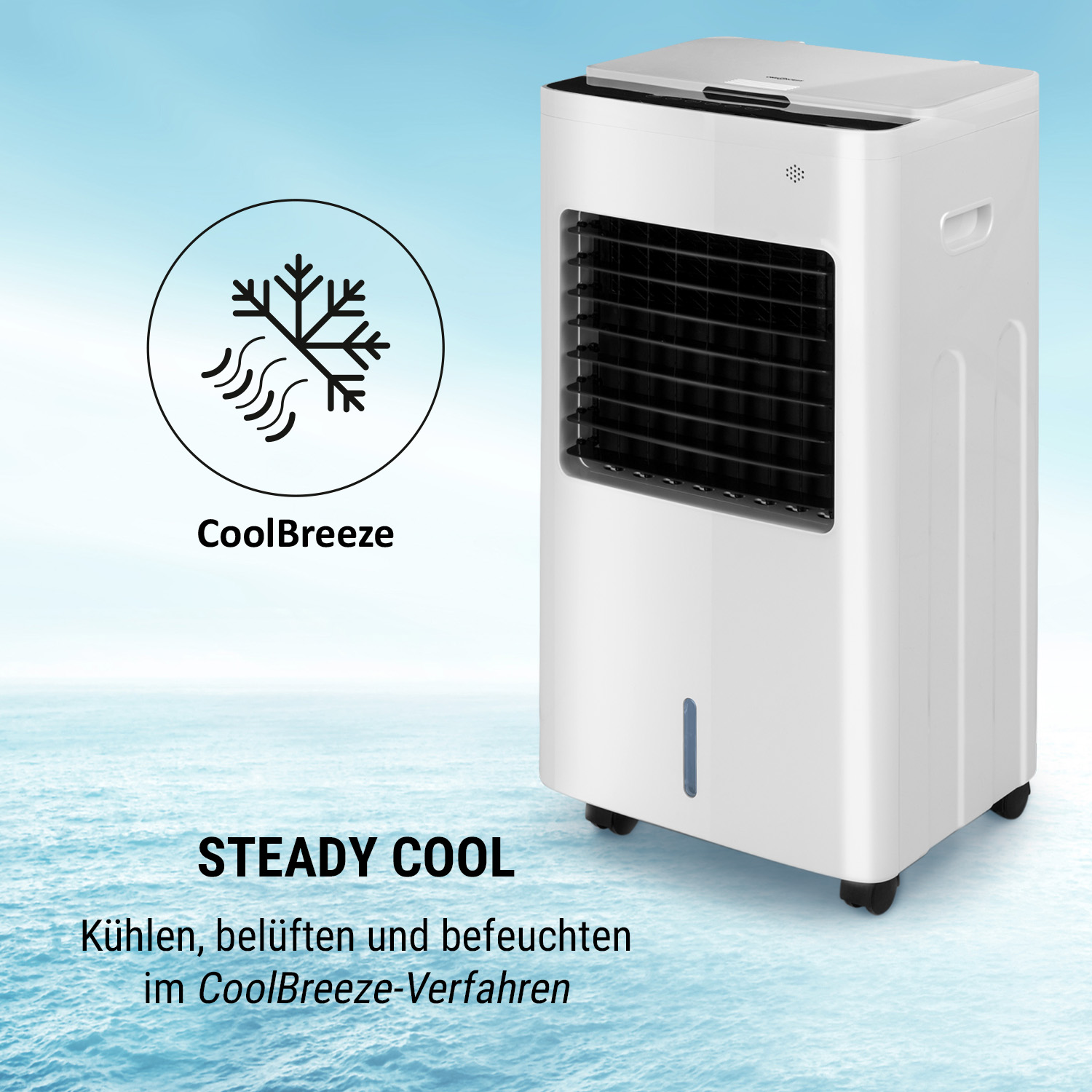 Weißer Luftkühler mit Schneeflocken-Logo und den Worten 'STEADY COOL'. Ozean-Hintergrund.