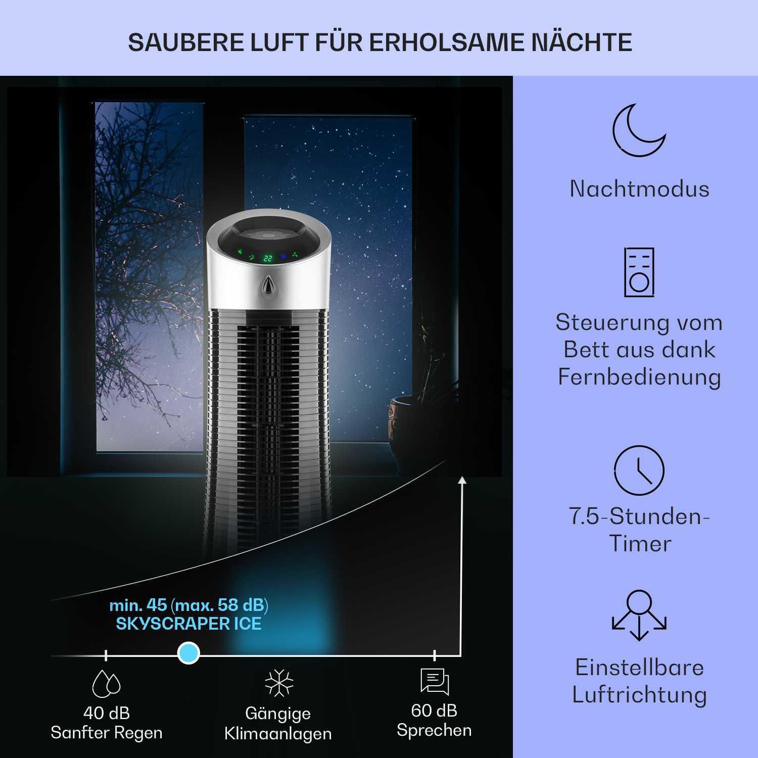 Bild eines Turmventilators mit Text: Saubere Luft für erholsame Nächte. Icons für Funktionen.