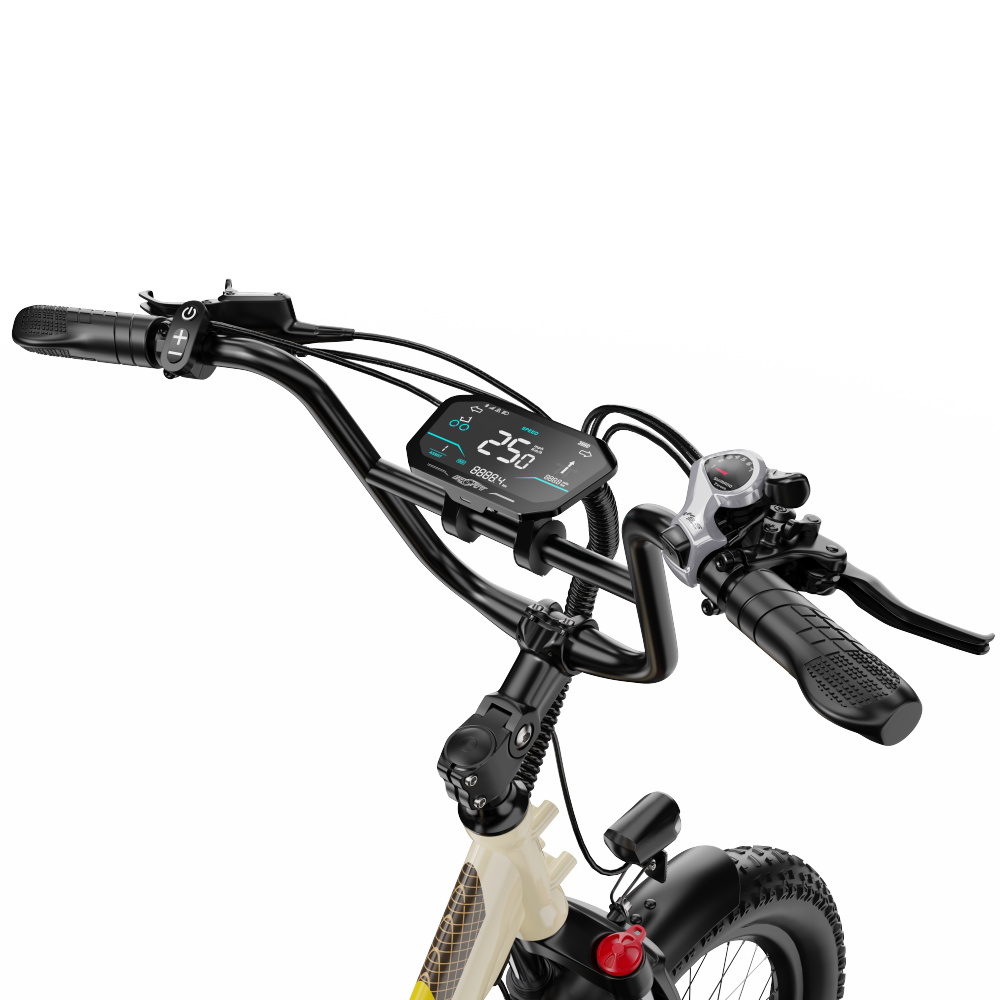 Fahrradlenker mit Digitalanzeige, die die Geschwindigkeit anzeigt. Die Griffe sind schwarz und das Fahrrad cremefarben.