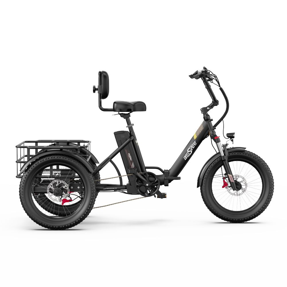 Schwarzes Trike-Fahrrad mit schwarzen Kotflügeln, Korb und Sitz. Hat eine schwarze Rückenlehne. Die Reifen sind schwarz.