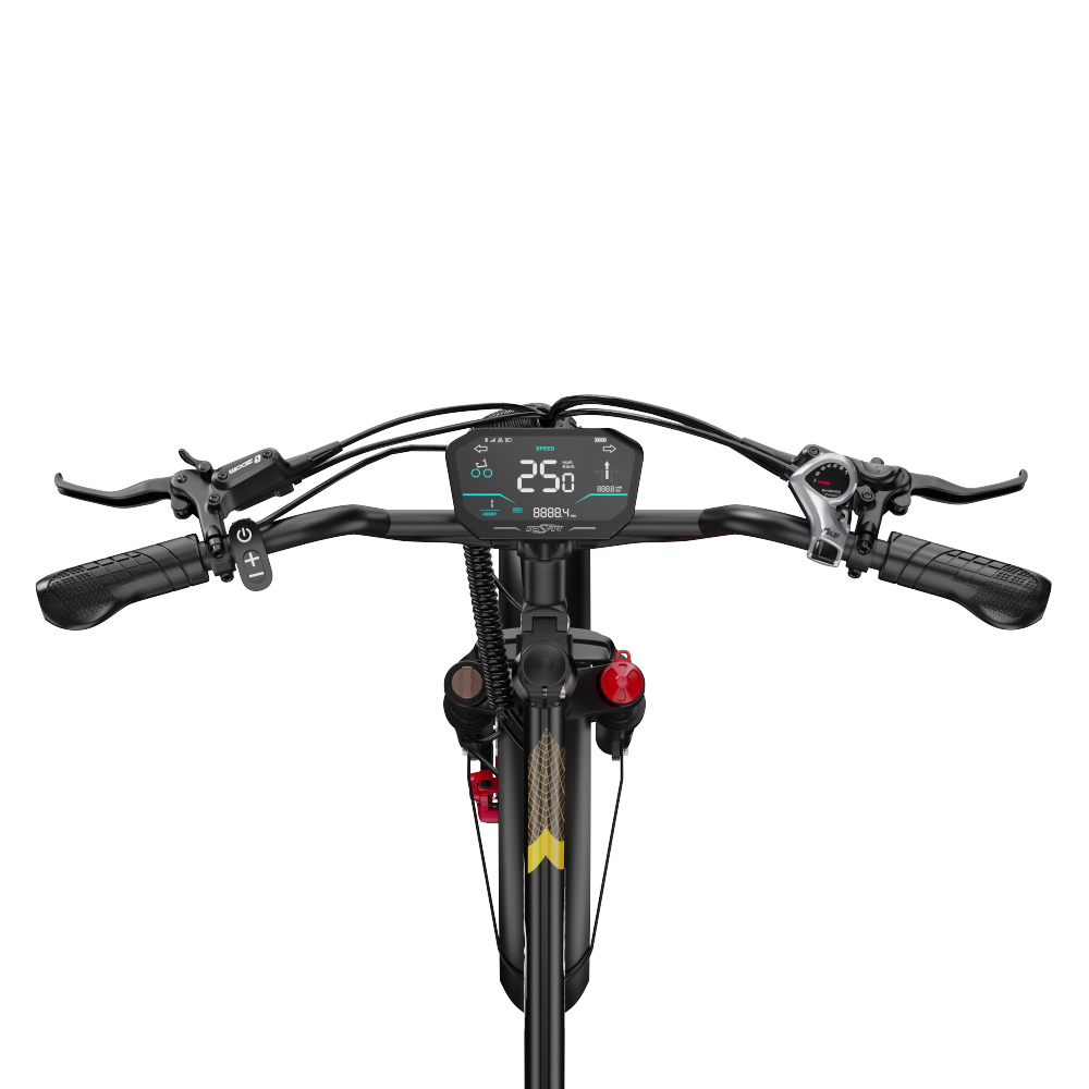 Fahrradlenker mit Digitalanzeige, die Geschwindigkeit und andere Informationen anzeigt. Schwarze Griffe, cremefarbener Rahmen.